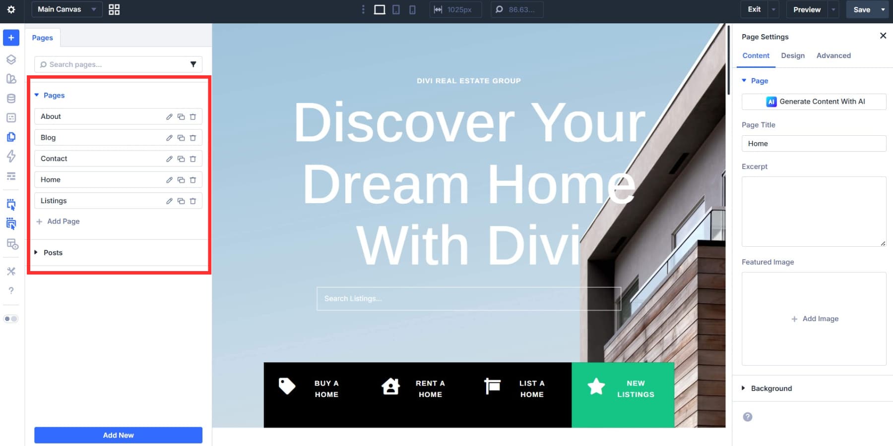 A screenshot of the collapsible tabs in page manager in Divi 5