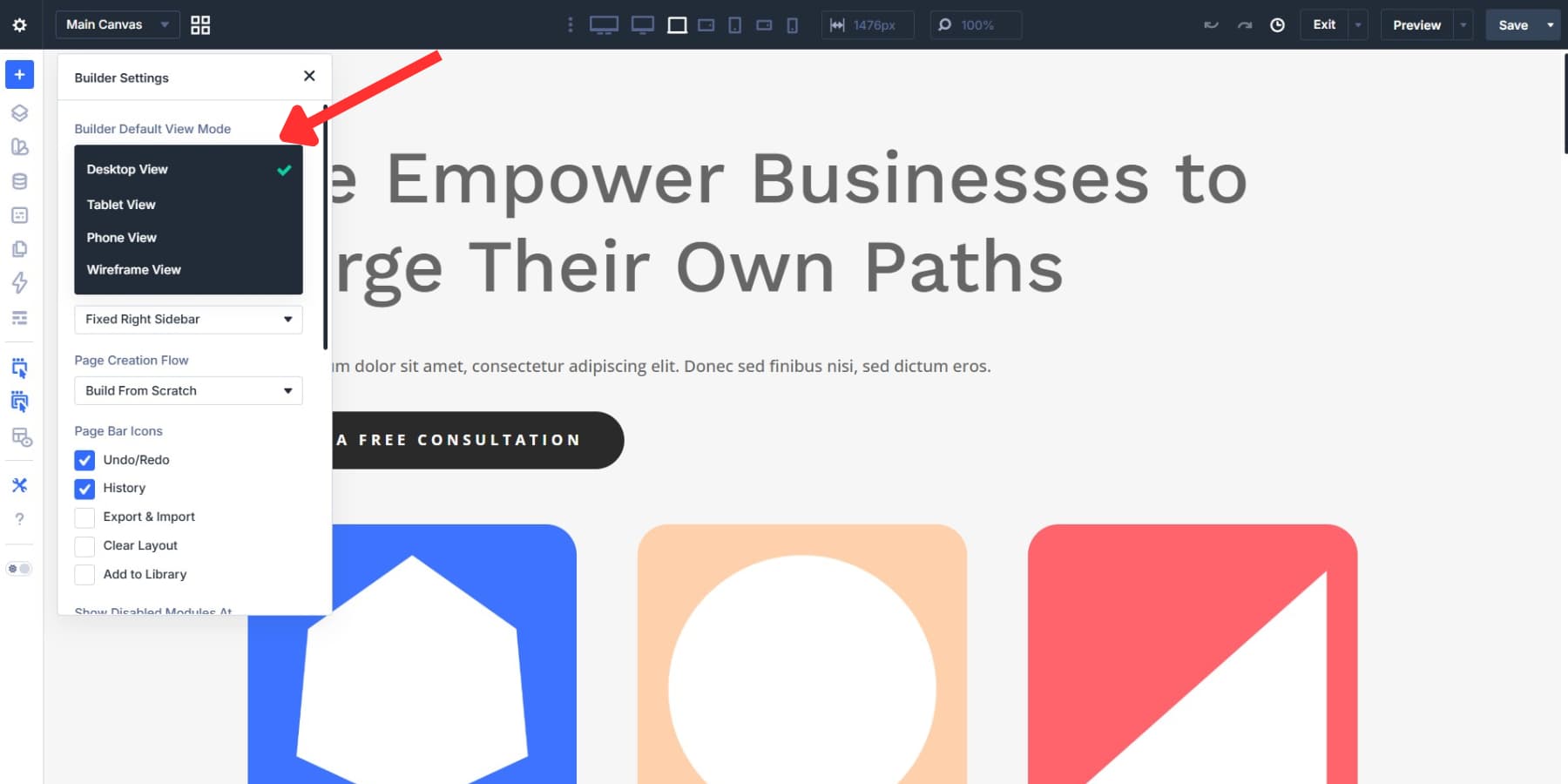 A screenshot of the option to change the default view mode in Divi 5's builder settings