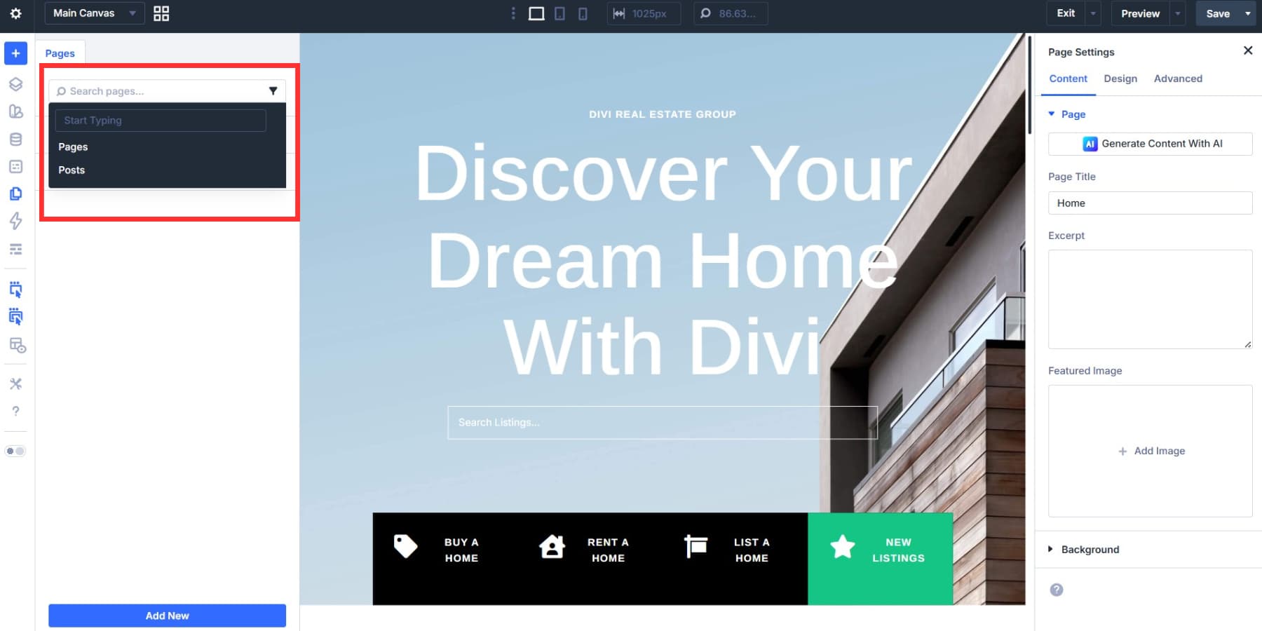 A screenshot of the search and filter in page manager in Divi 5