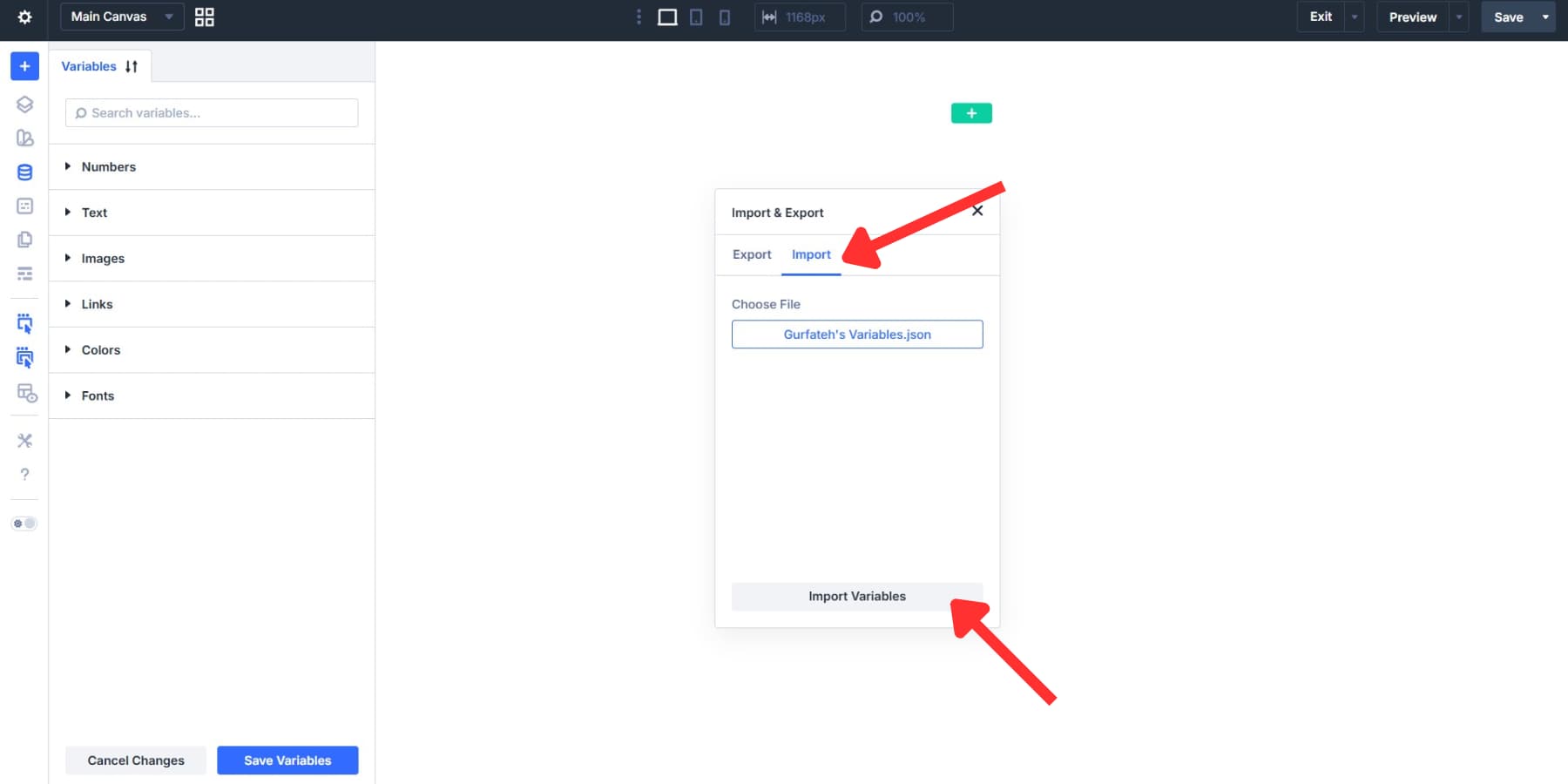 A screenshot of where to add the JSON file to import the variables in Divi 5