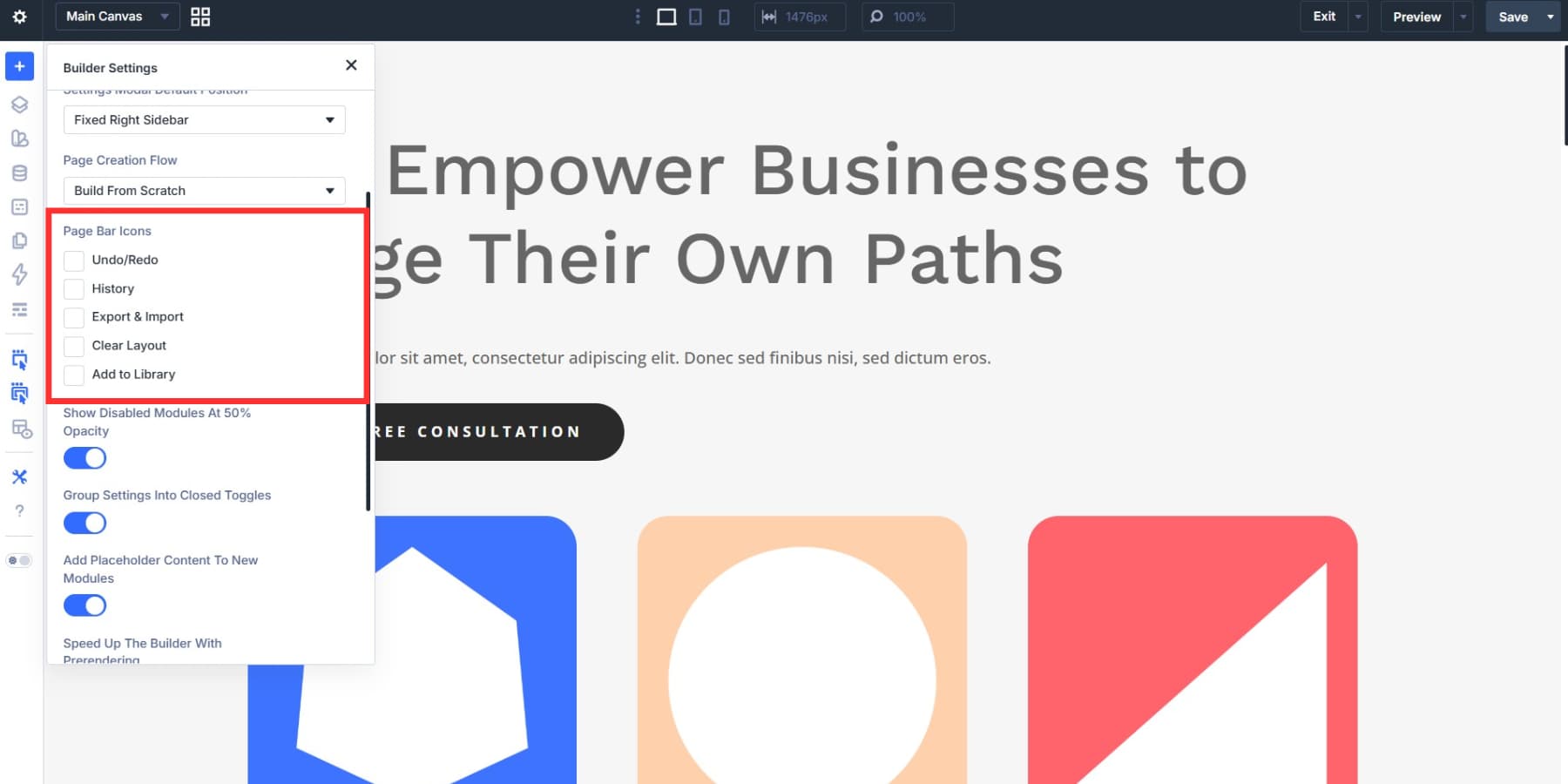 A screenshot of the page bar icons option group in Divi 5's builder settings