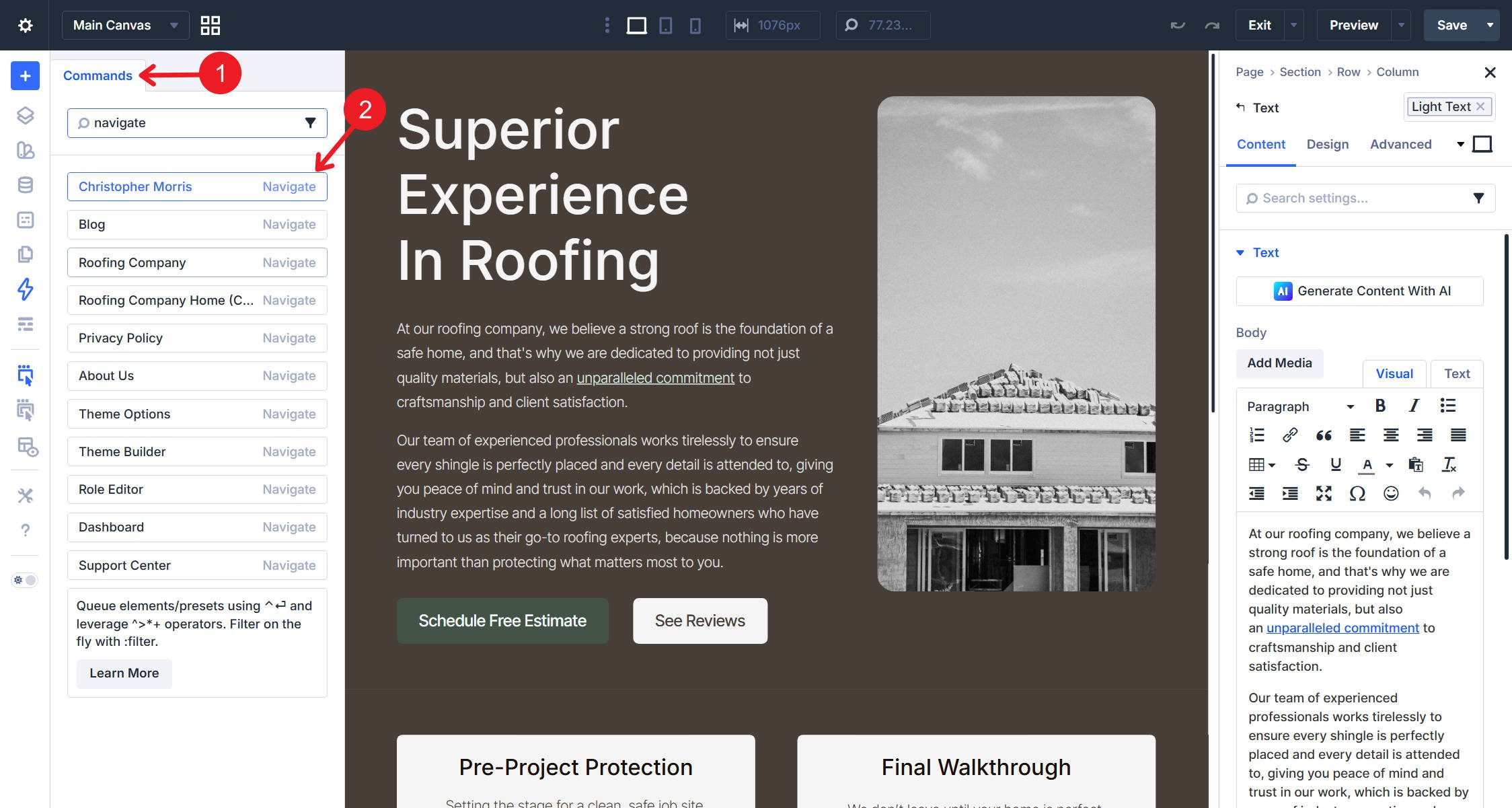 Command Center to Navigate to other pages or create a new page for instance