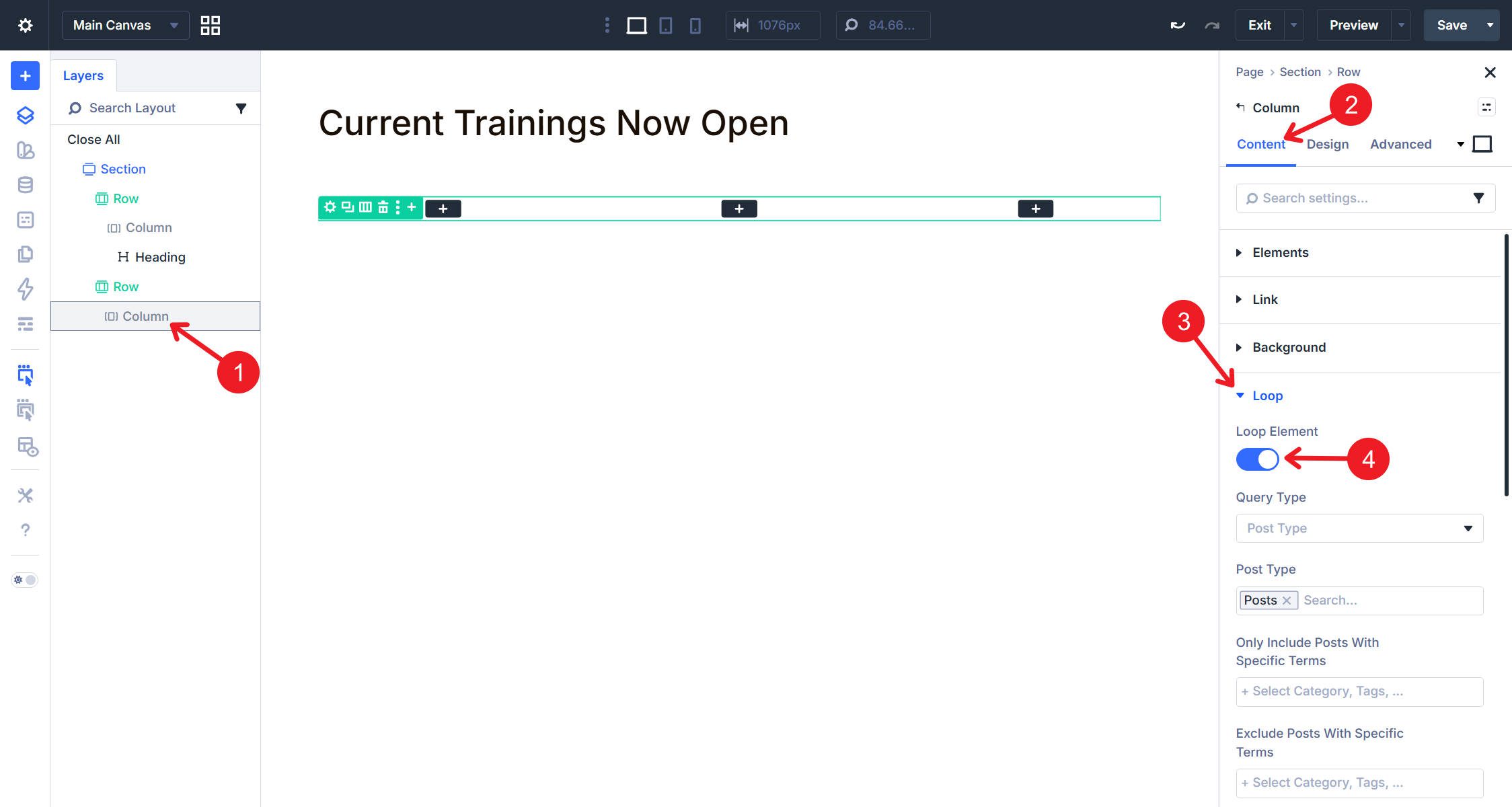 Set the Column to Loop Element and assign your loop query data