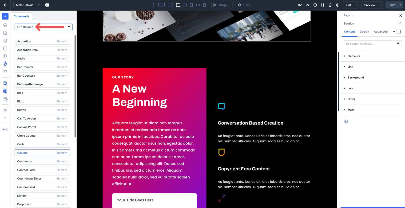 adding columns in the Divi 5 Command Center