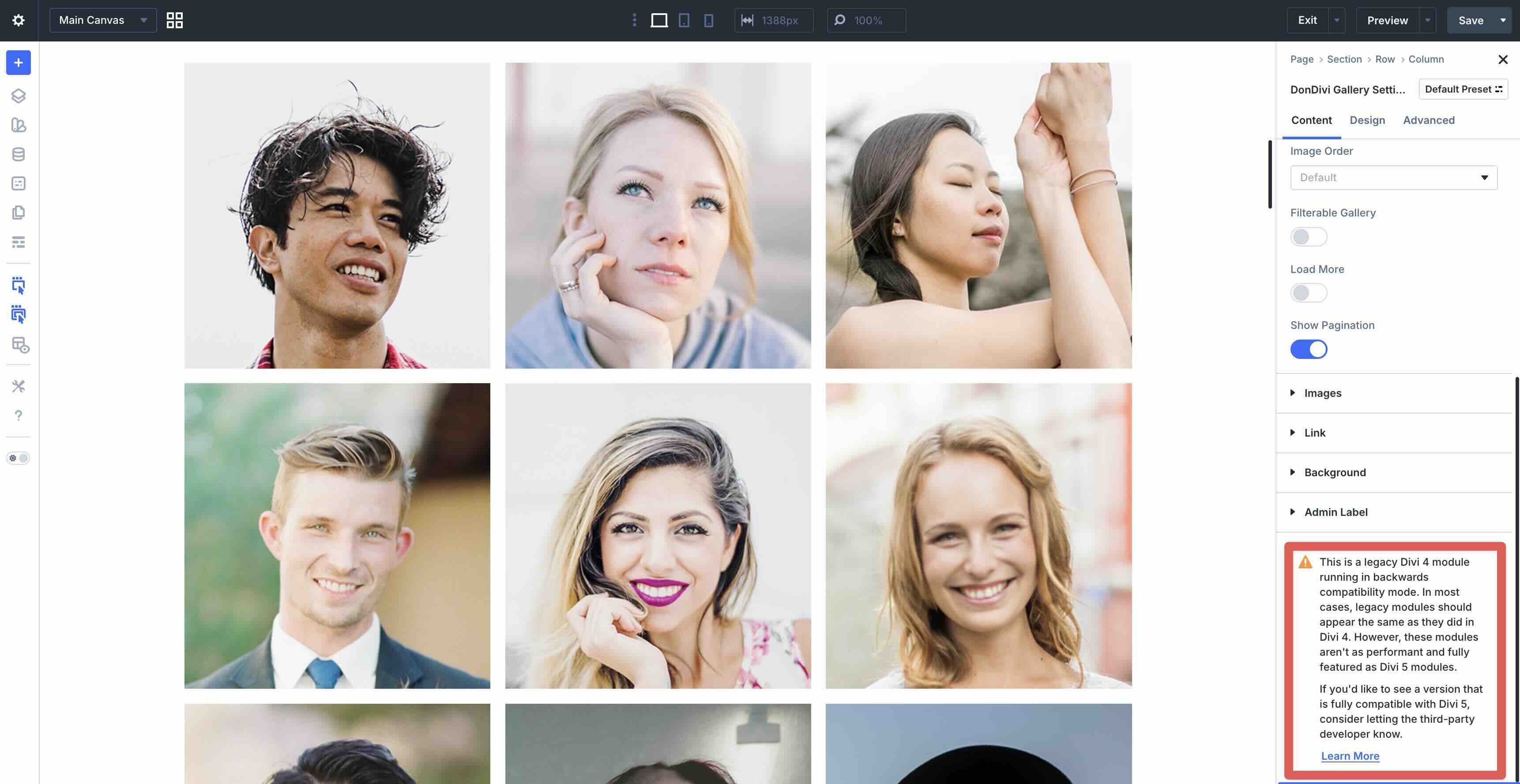 Alert notice in the Visual Builder indicating you're editing a legacy Divi 4 module
