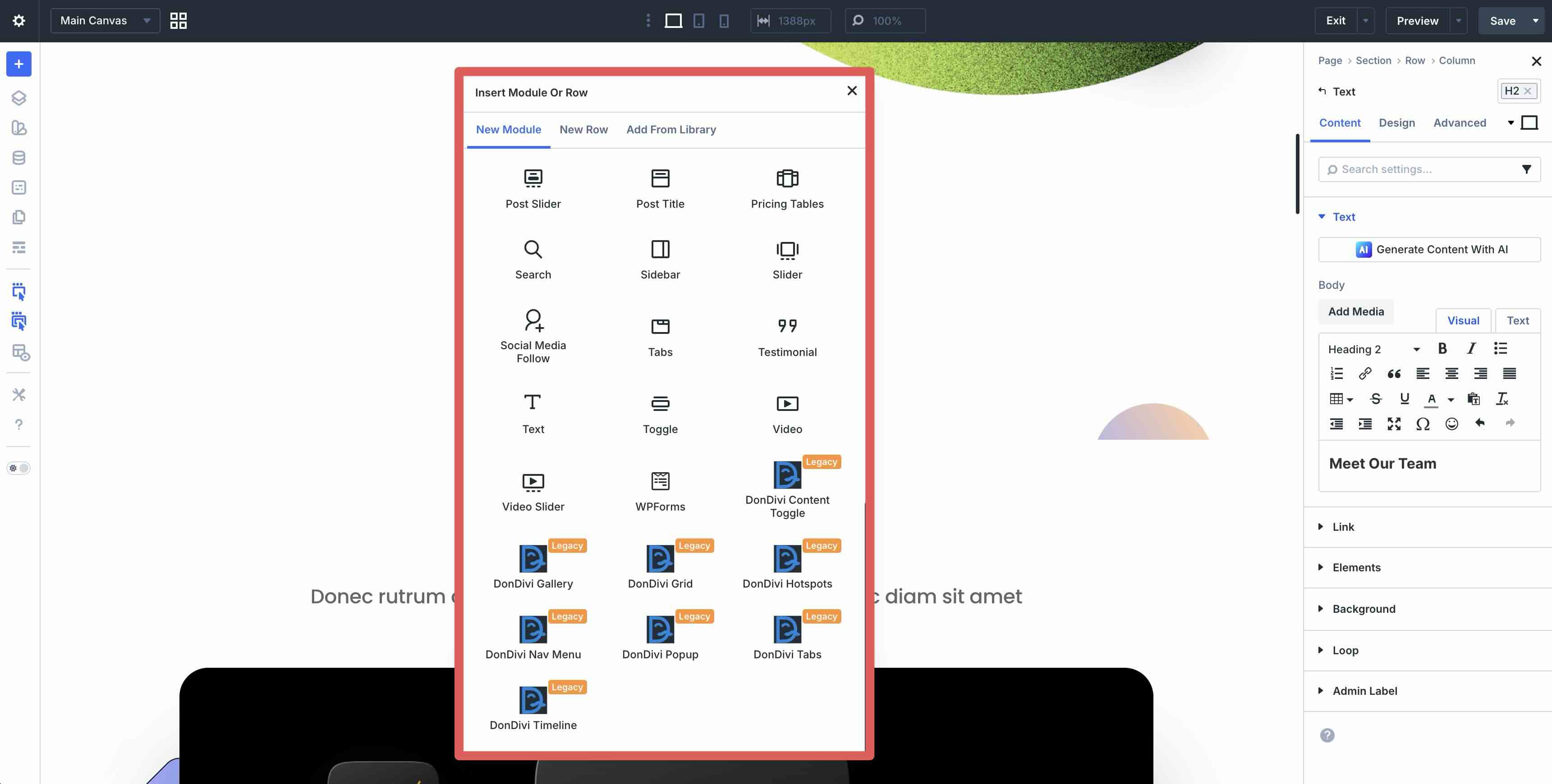 Legacy Divi 4 modules and native Divi 5 modules displayed side-by-side in the Visual Builder's Insert Module panel