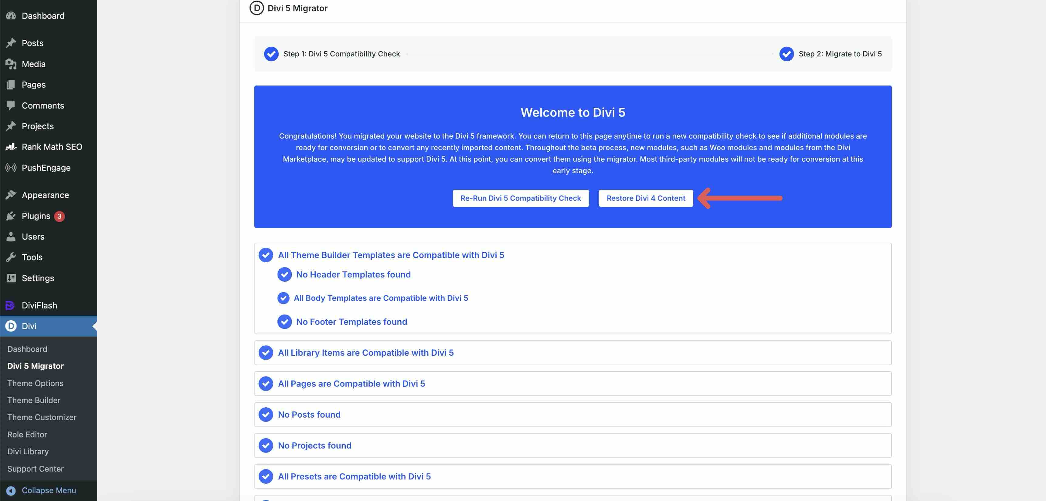 restore Divi 4 content