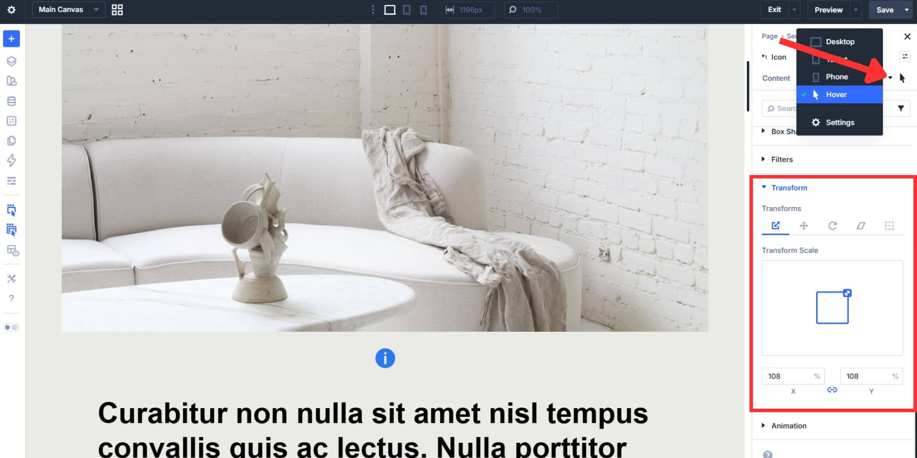 A screenshot of adding a transform effect on hover to the icon in Divi 5