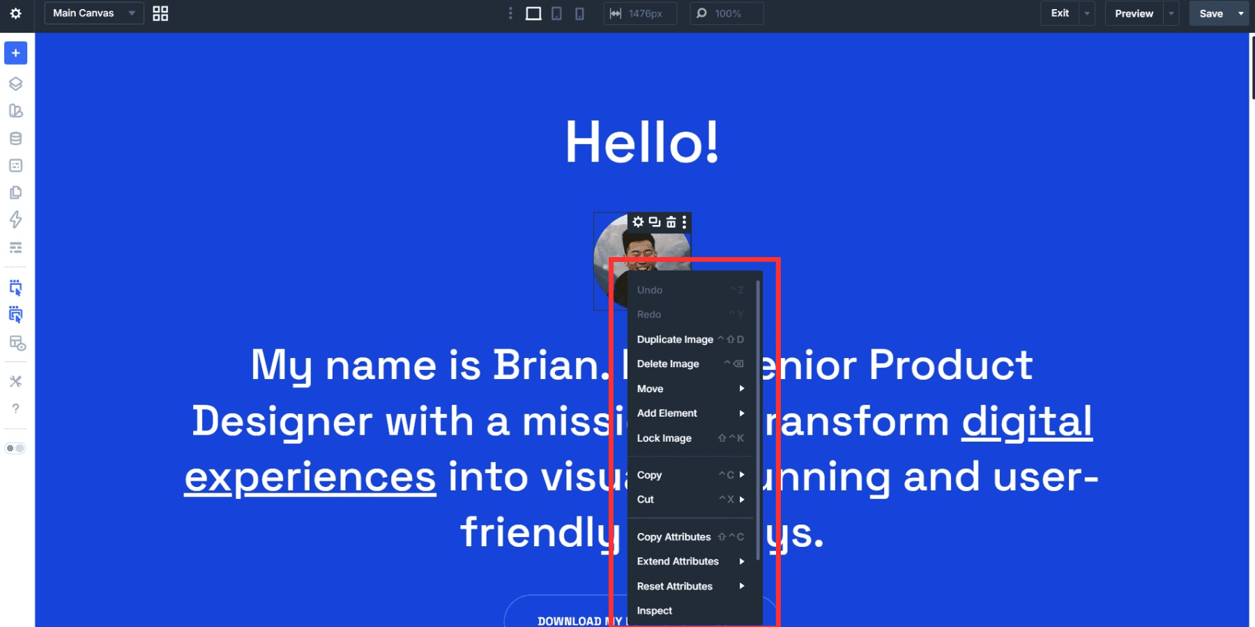 A screenshot of the Quick Actions Menu on right click in Divi 5