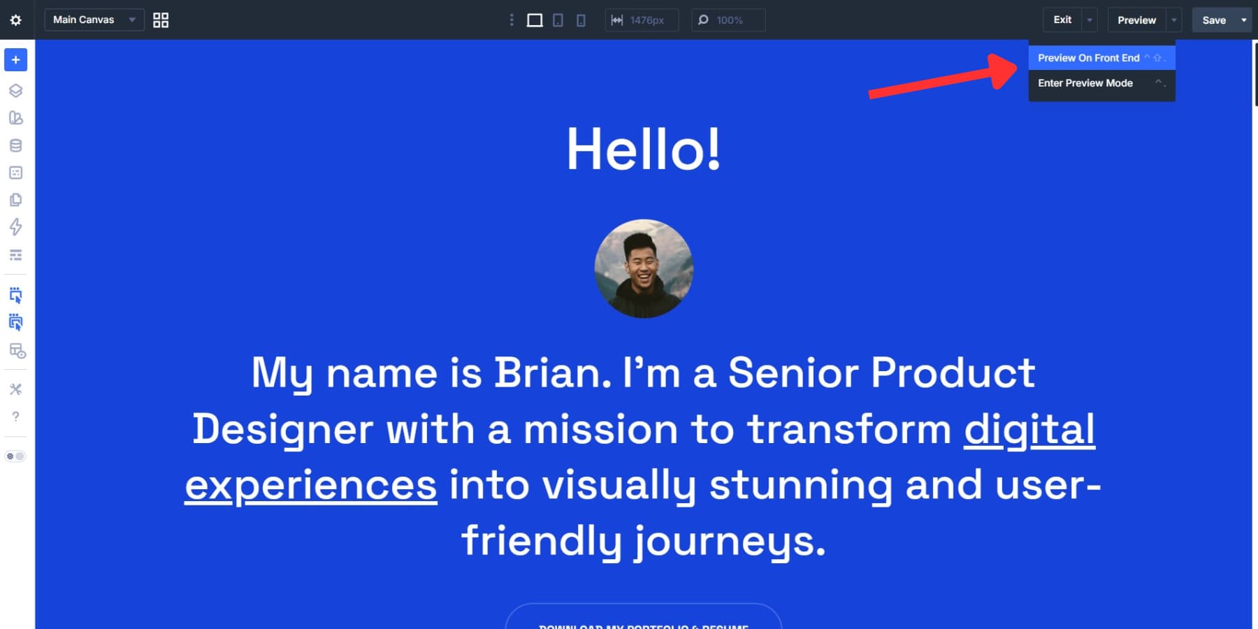 A screenshot of the preview on front end option in Divi 5