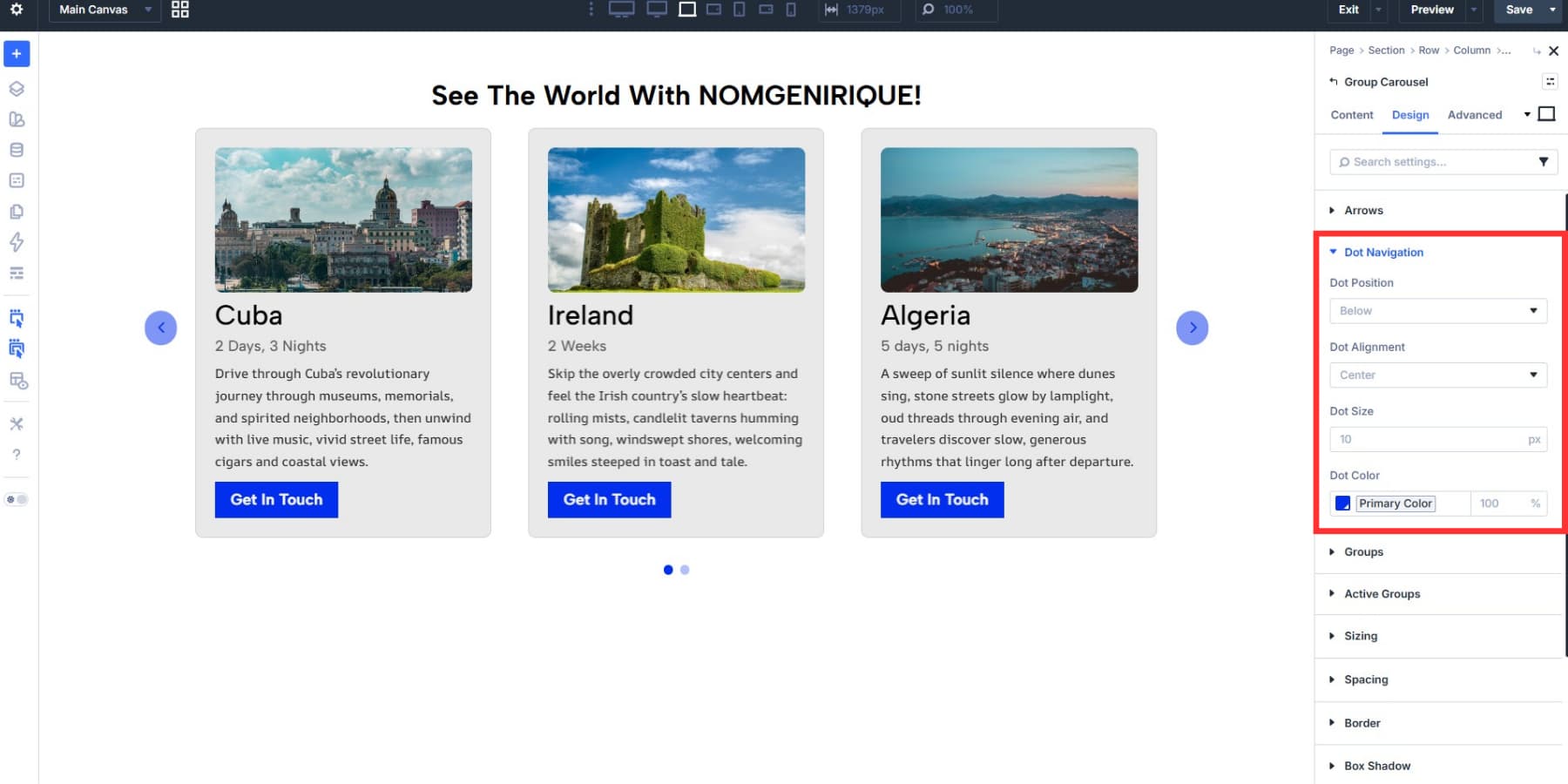 A screenshot of the dot navigation design settings under Group Carousel settings