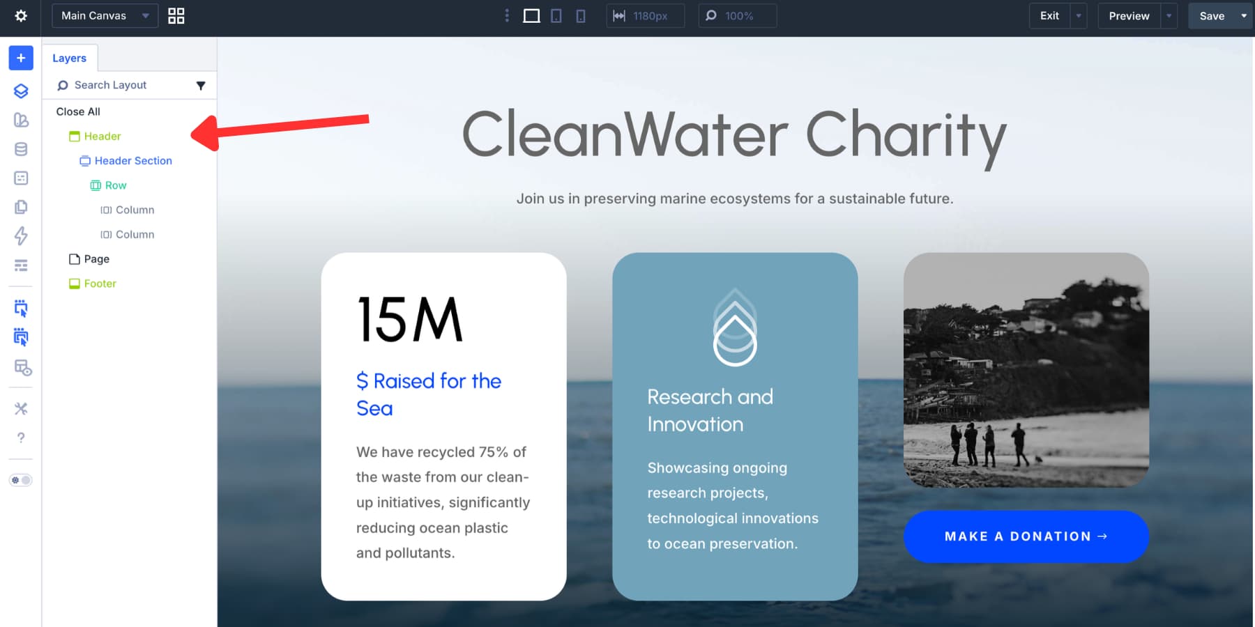 A screenshot of the header label that separates header content from the rest of the page in Divi 5's Layer Panel