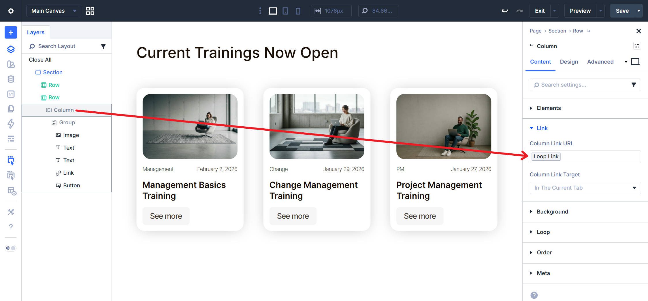 Looped Column with Link Group makes the whole column clickable