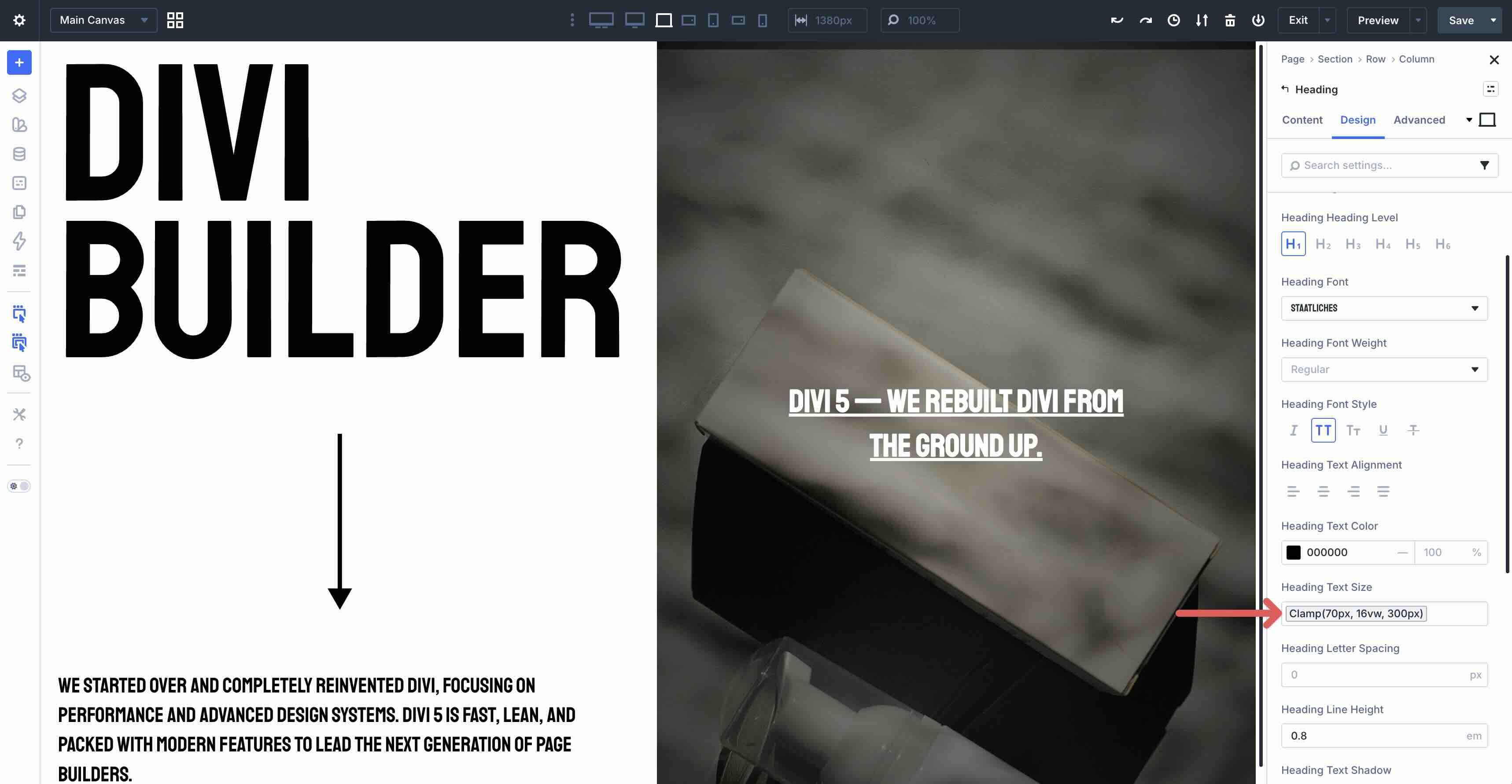 apply clamp to typography in Divi 5