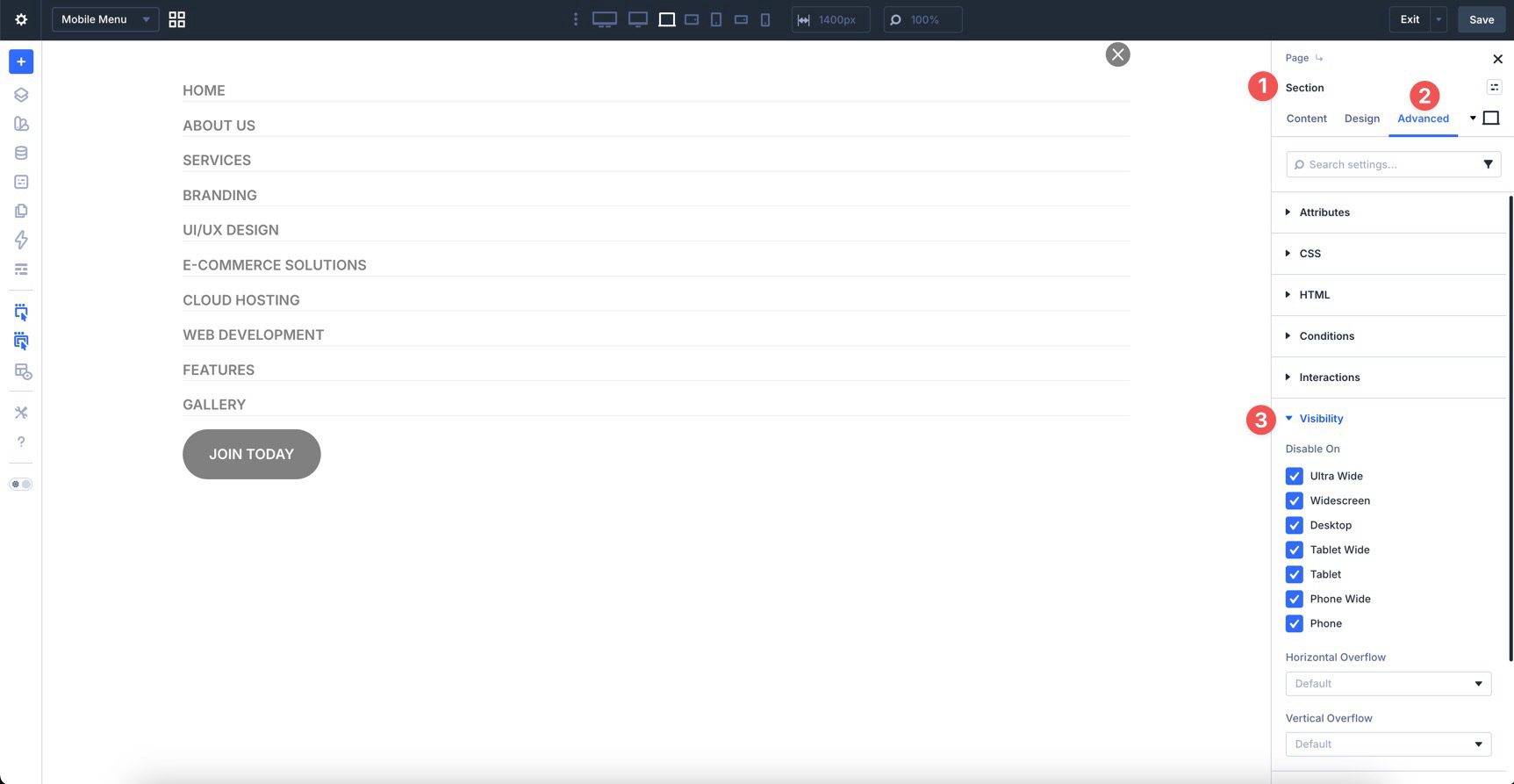 visibility settings in Divi 5