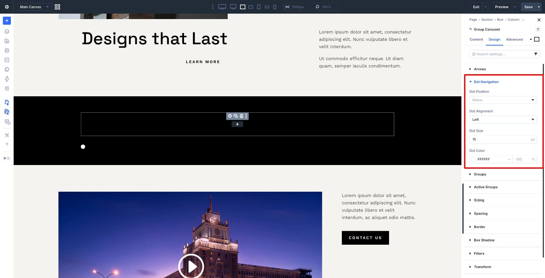 Dot navigation settings in Divi 5 Group Carousel