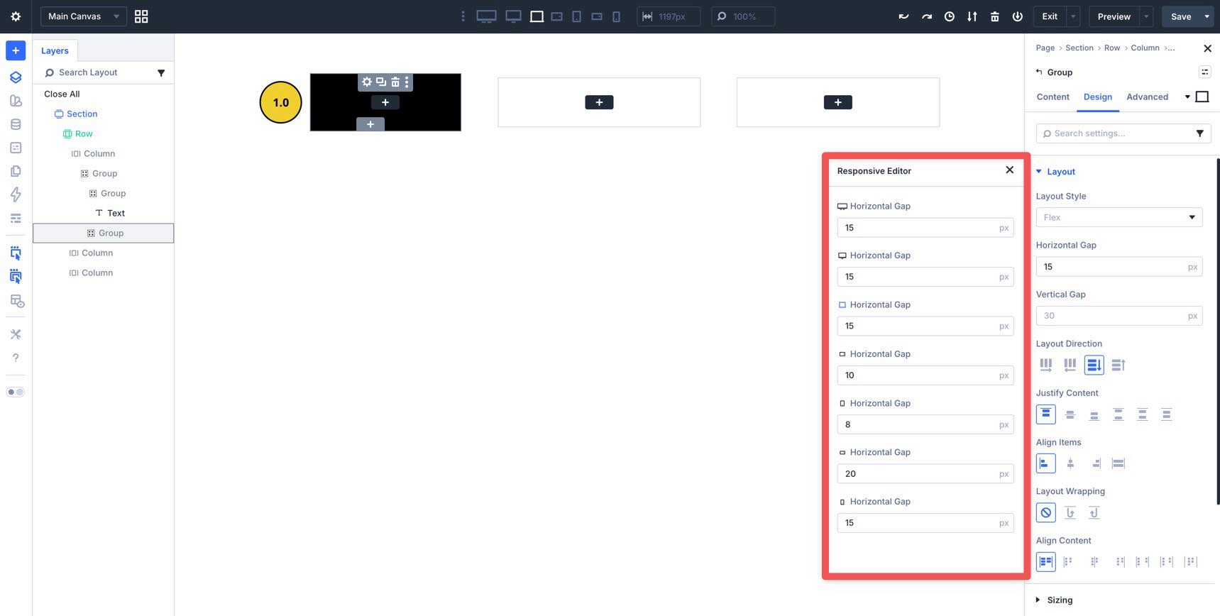 Setting horizontal gap in a Group