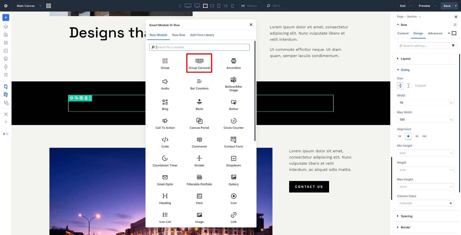 Adding the Group Carousel module in Divi 5