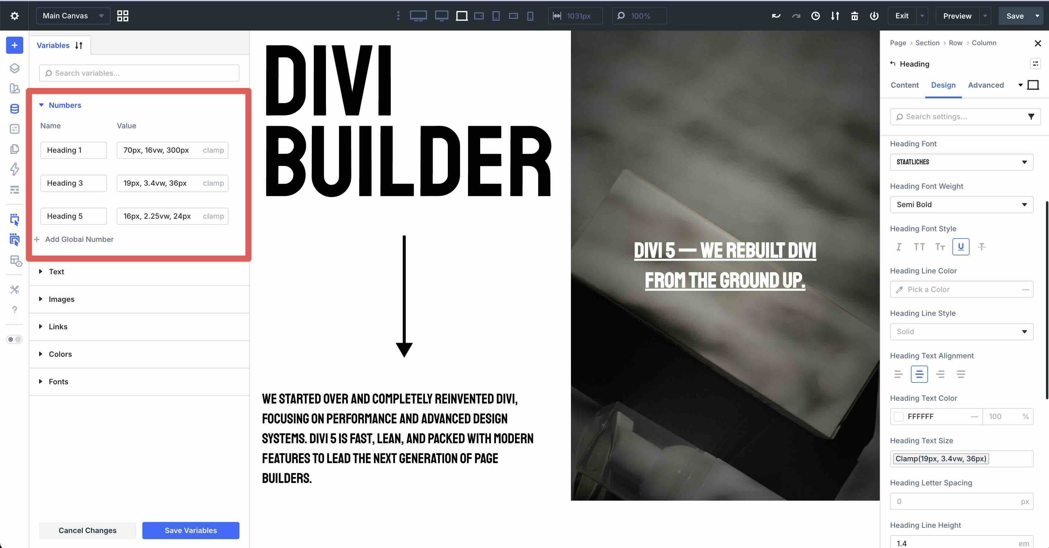 using clamp values for typography in Divi 5