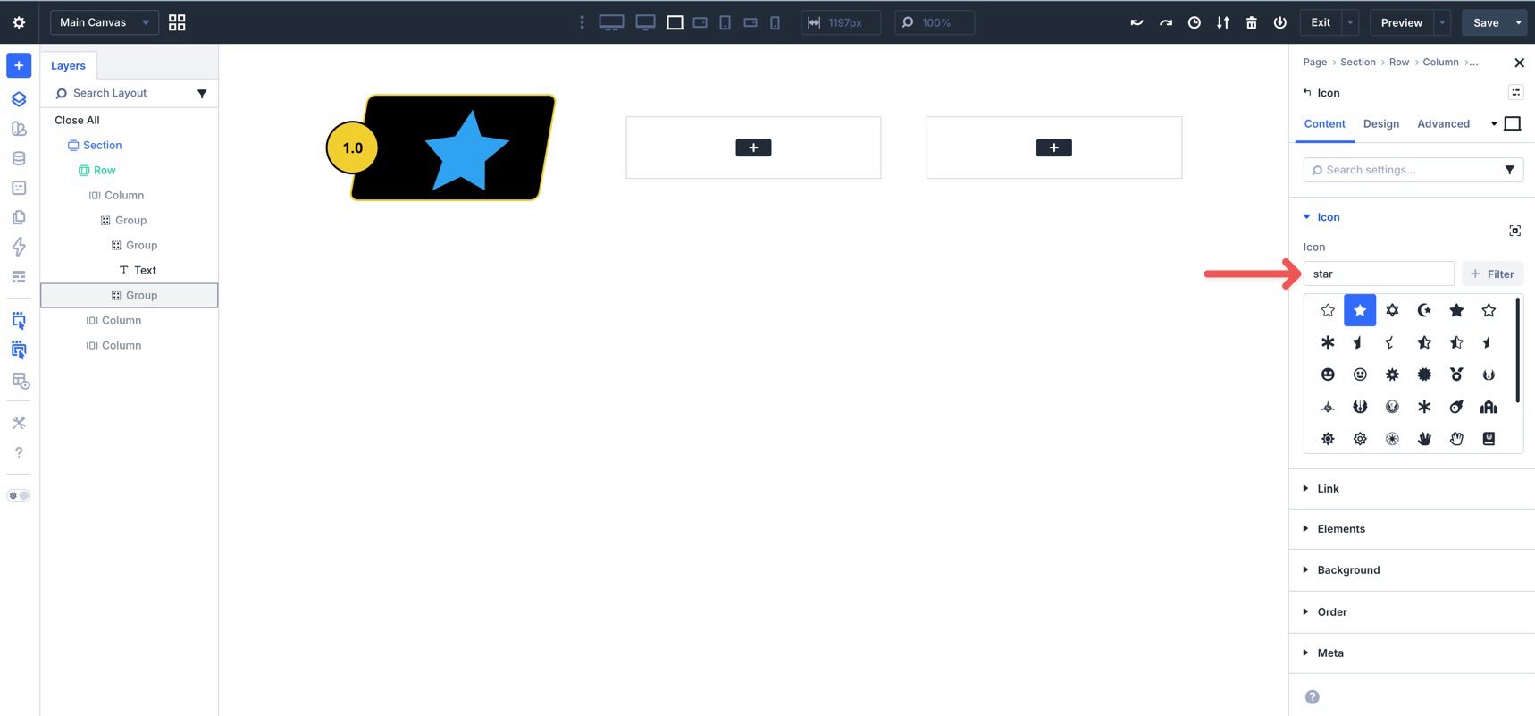 Selecting a star icon in Divi 5