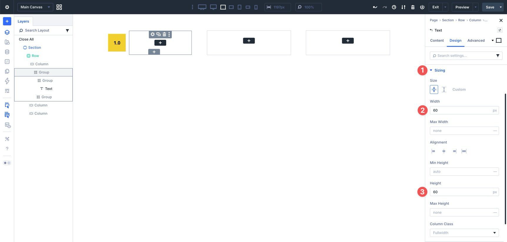 Sizing a Text module in Divi 5