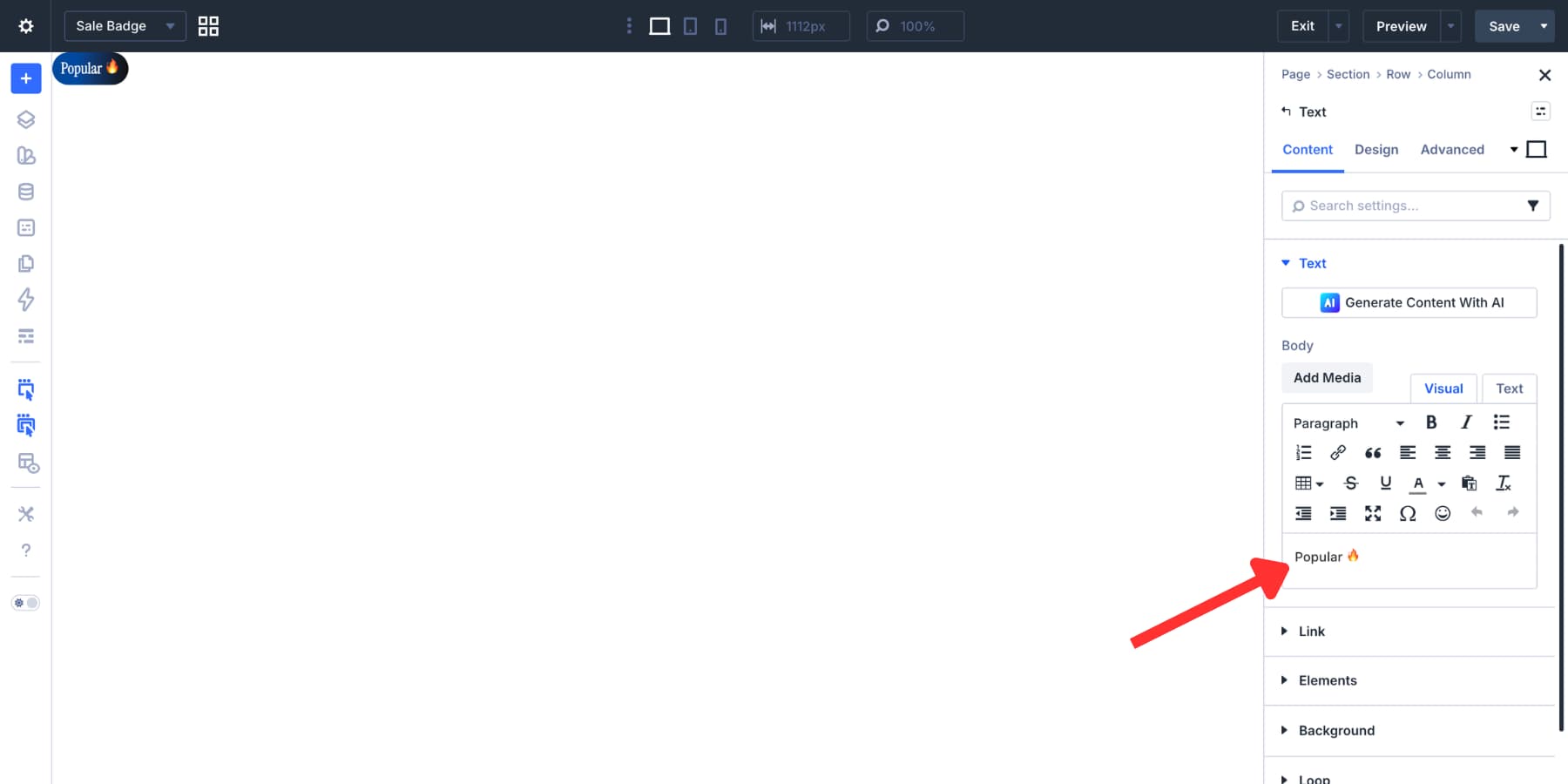 Editing badge text inside a detached canvas in Divi 5