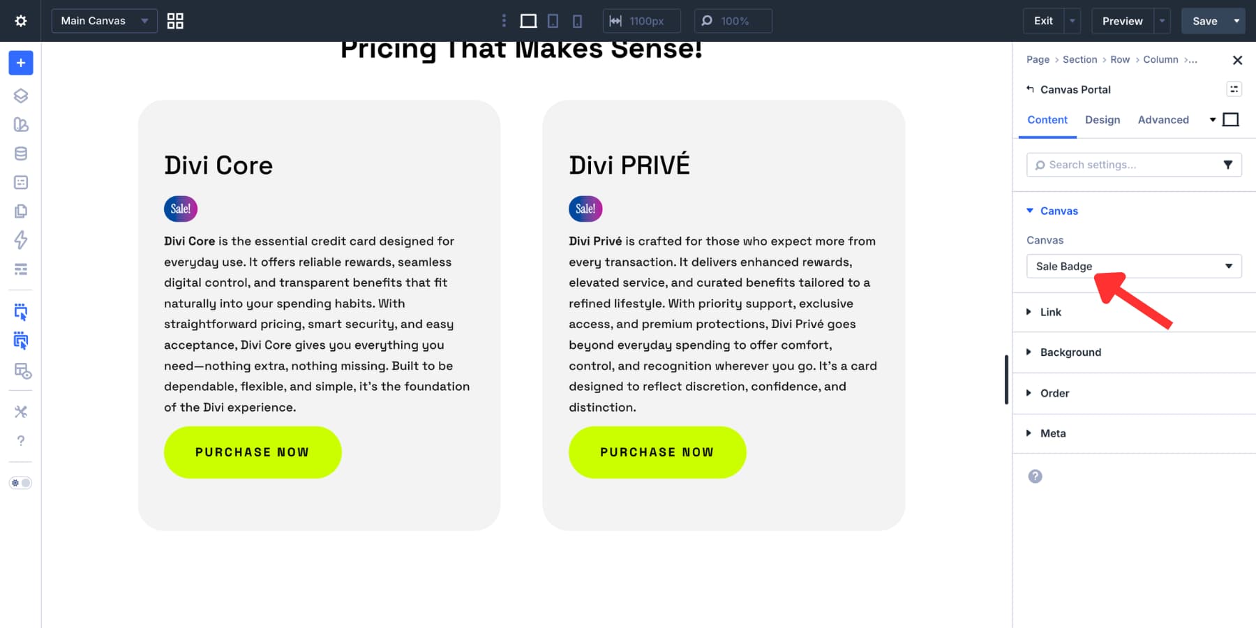 Selecting a badge canvas in the Canvas Portal Module