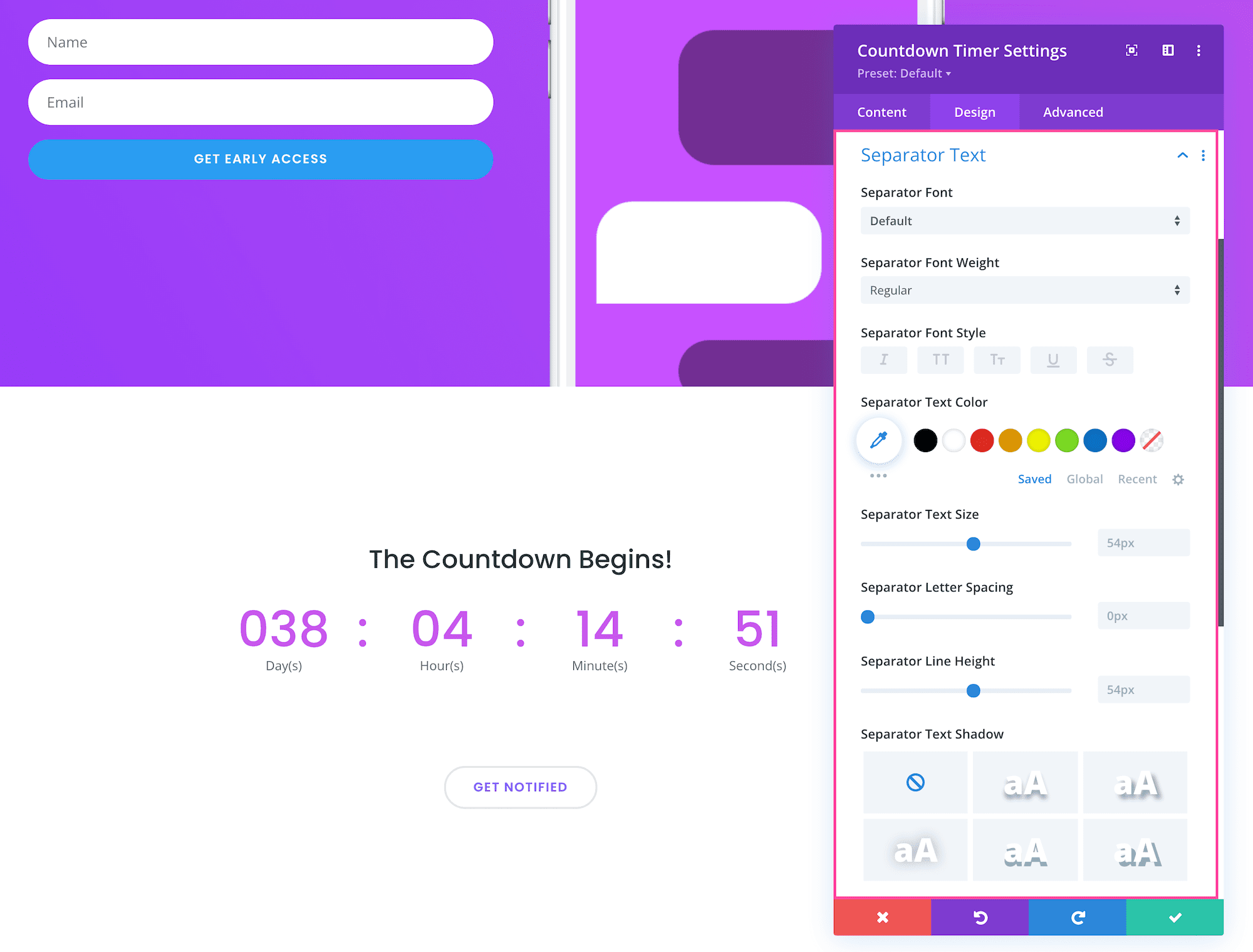 Divi Countdown Timer Module separator text settings