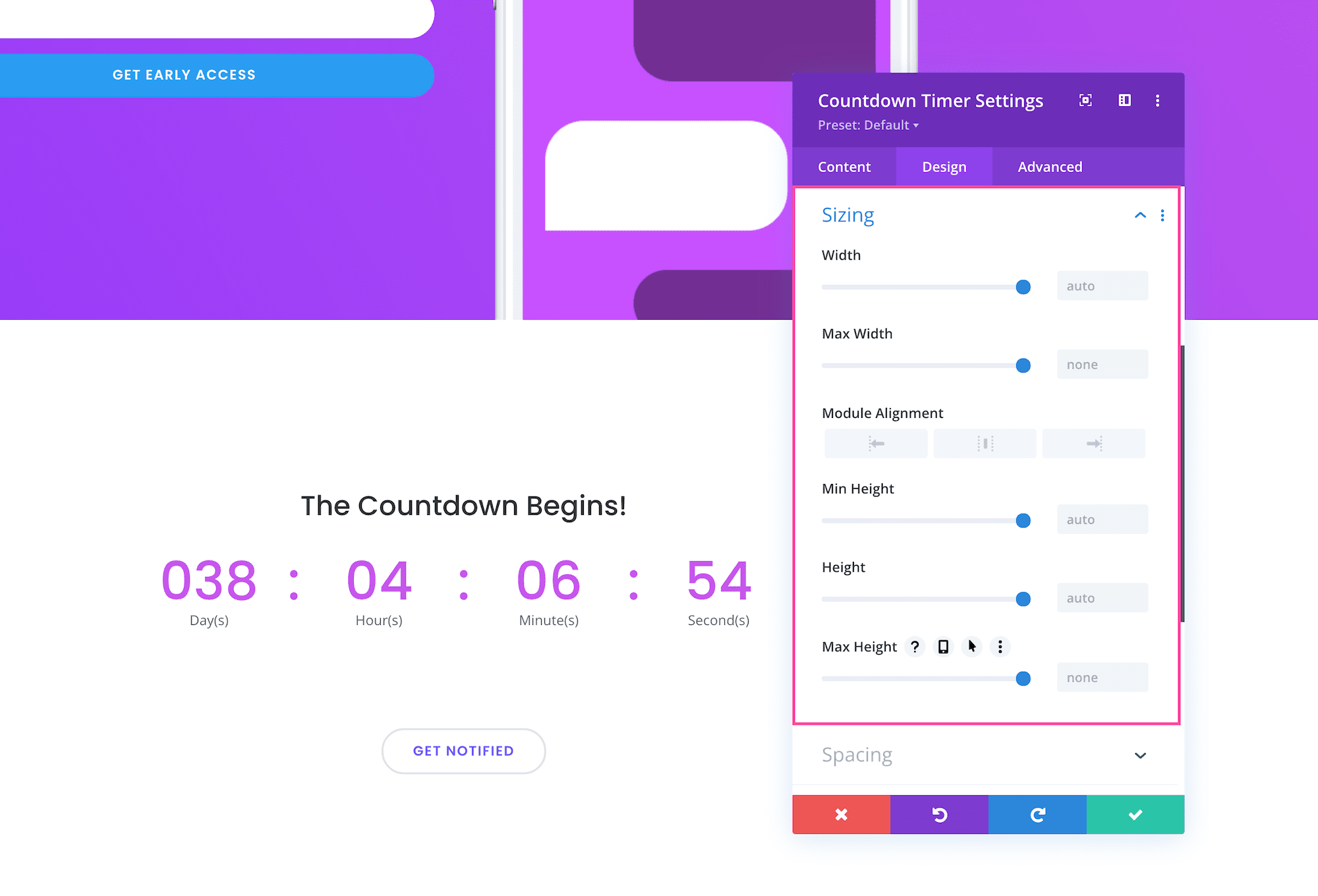 Divi Countdown Timer Module sizing