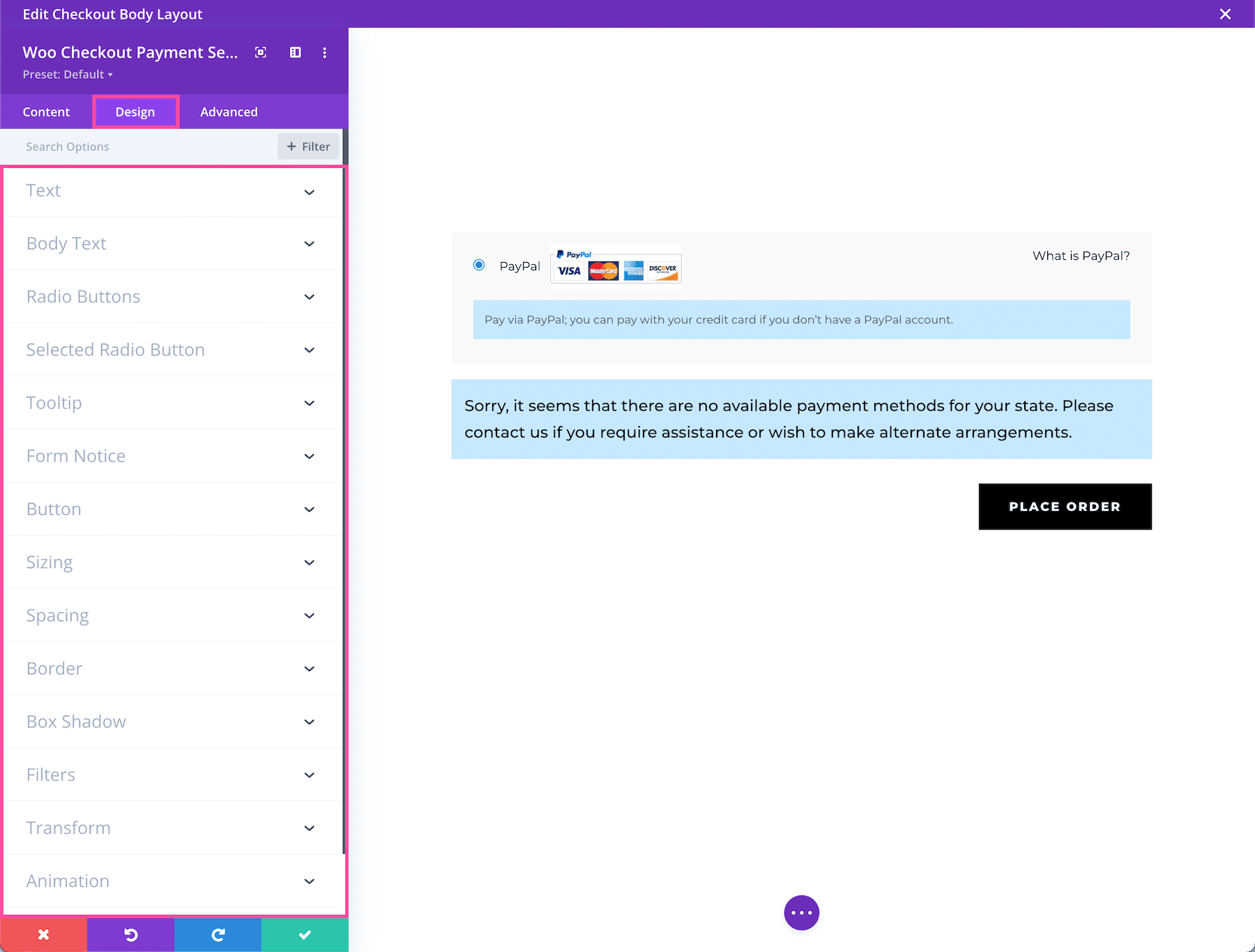 Divi Woo Checkout Payment Module Design Settings