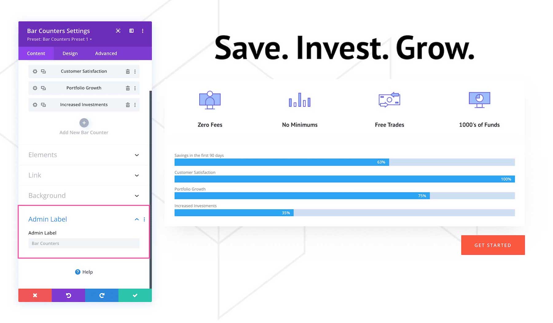 Divi Bar Counters Module admin label