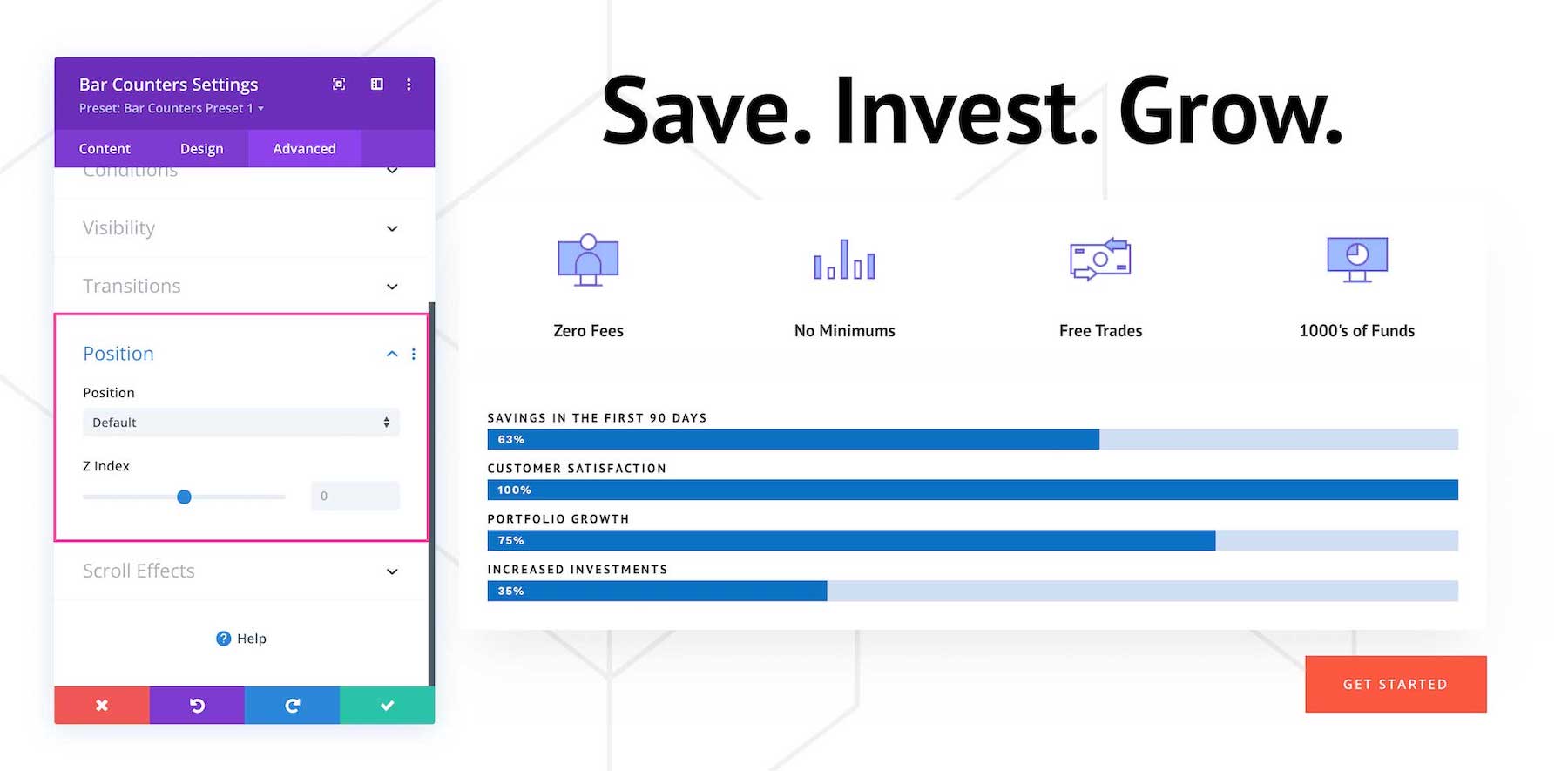 Divi Bar Counters Module position settings