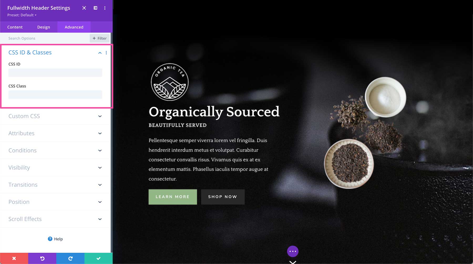 Divi Fullwidth Header Module CSS ID and Classes