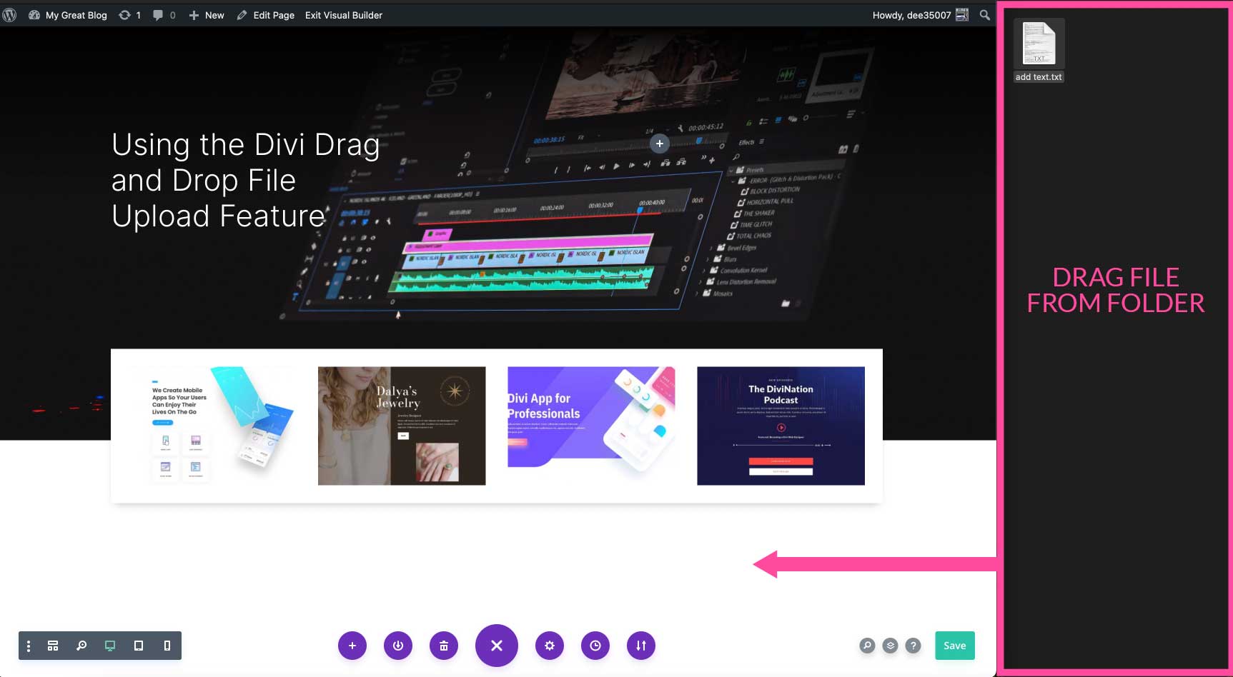 drag text file with divi drag and drop file upload