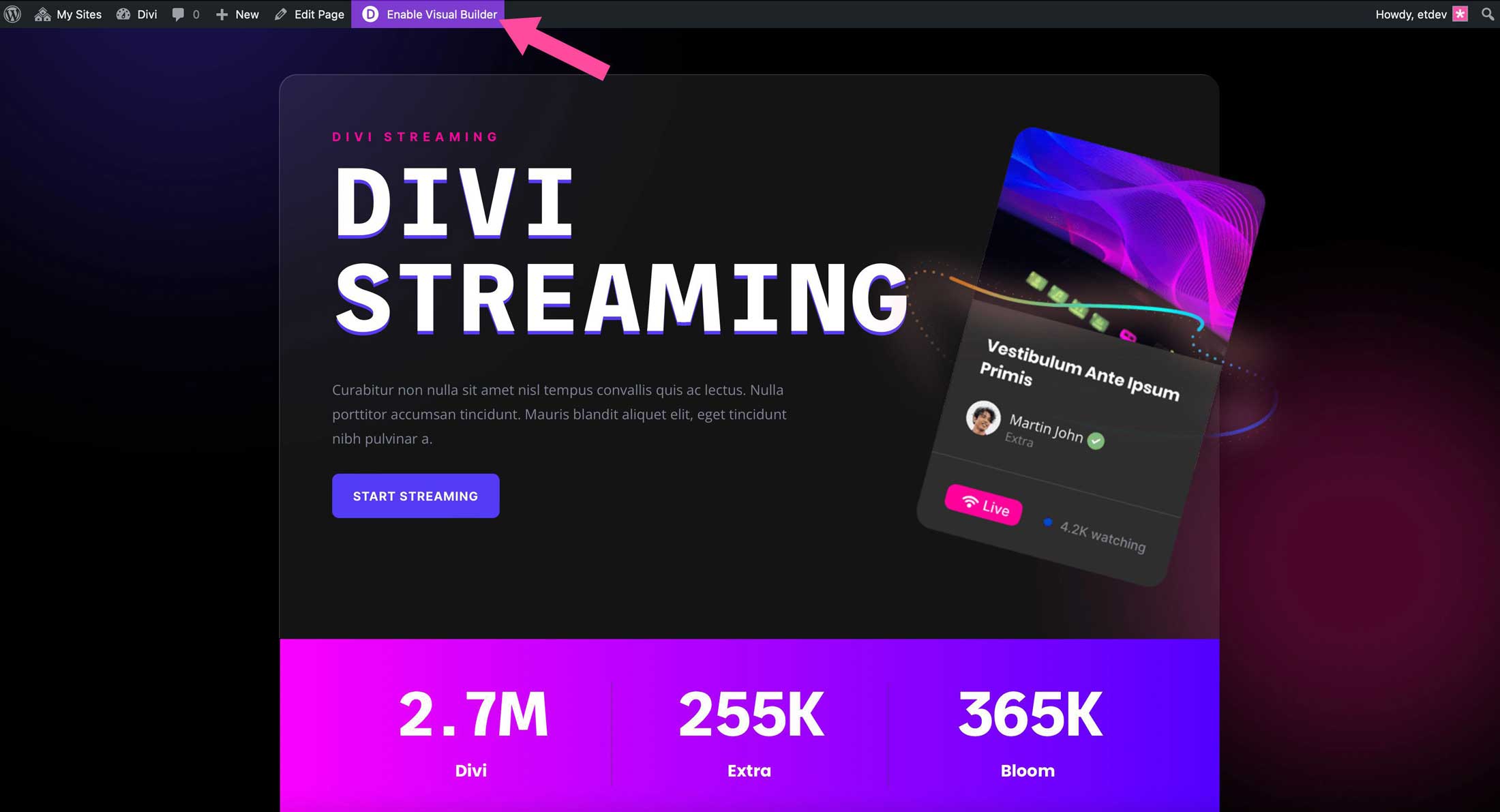 enable Divi visual builder