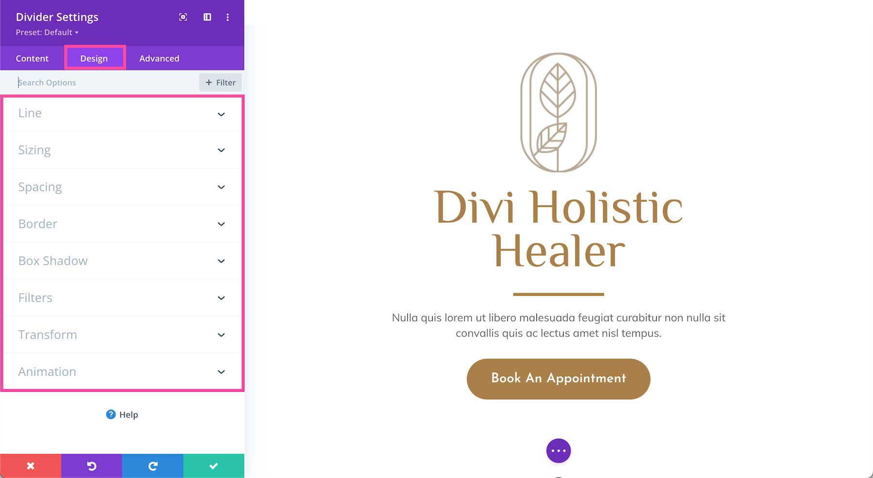 Divi Divider Module Design settings