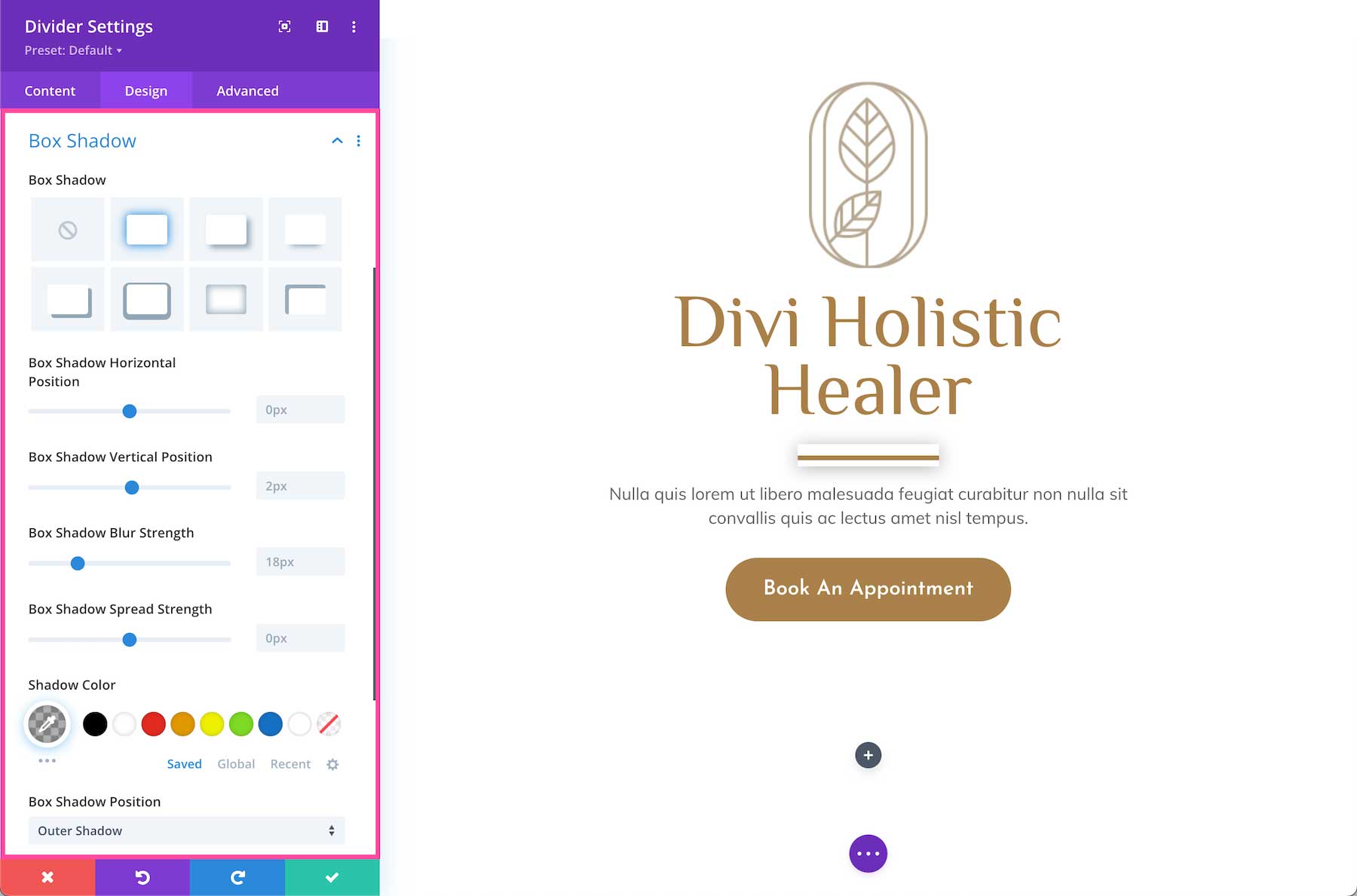Divi Divider Module box shadow options