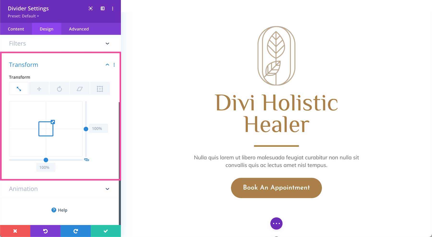Divi Divider Module transform options