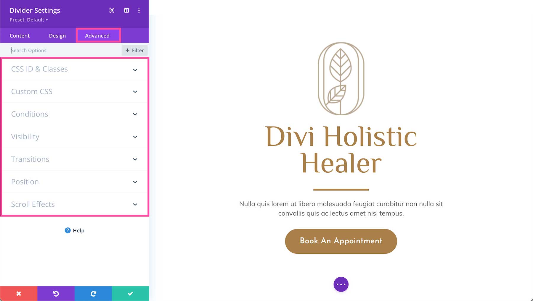 Divi Divider Module advanced settings