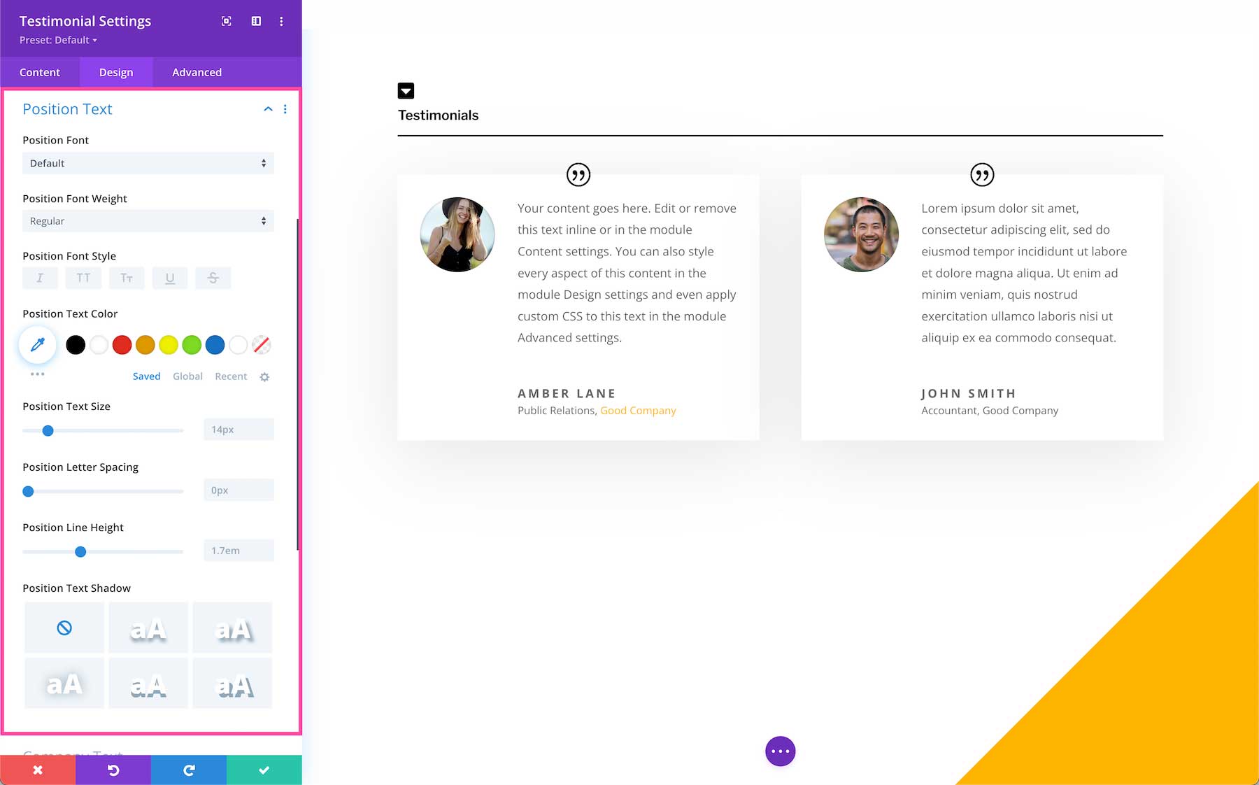 Divi Testimonial Module position text
