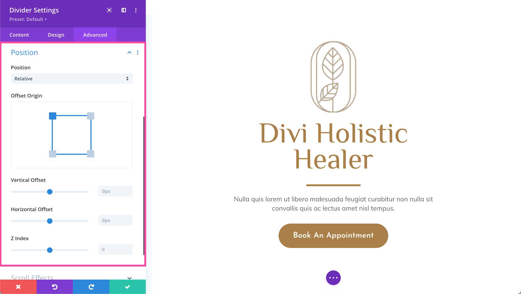 Divi Divider Module position settings