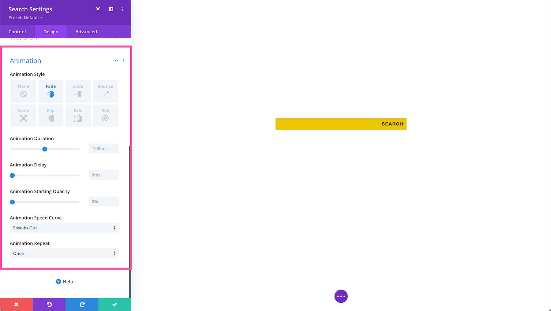 Divi Search Module animations