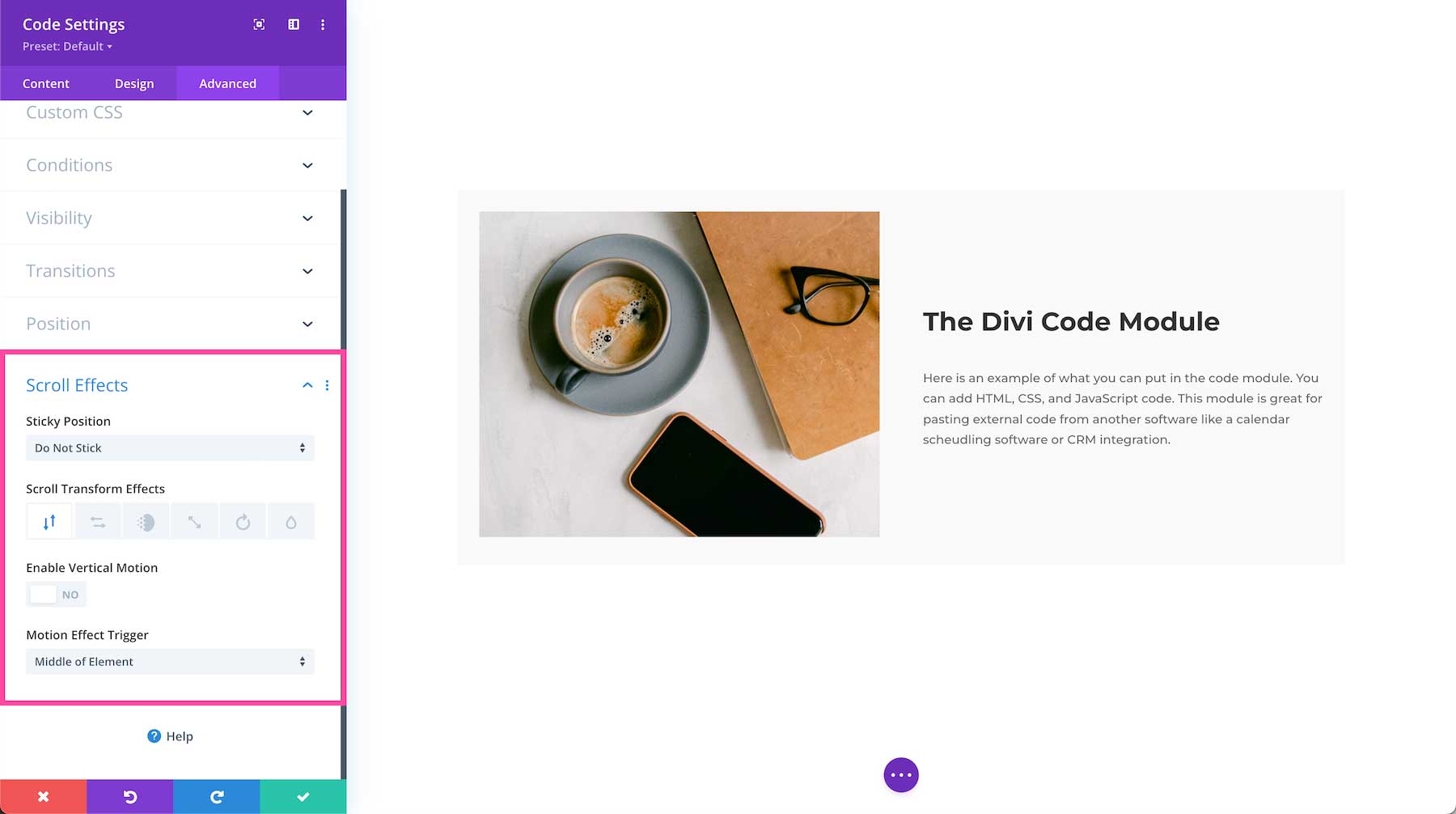 Divi Code Module scroll effects