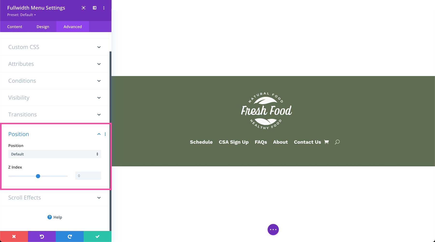 Divi Fullwidth Menu Module position options