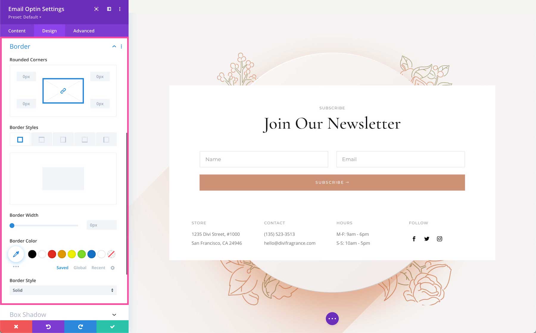 Divi Email Optin Module border
