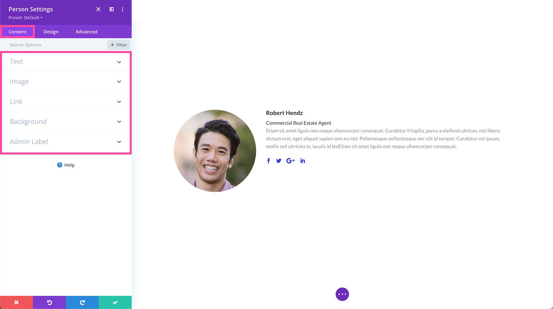 Divi Person Module content settings