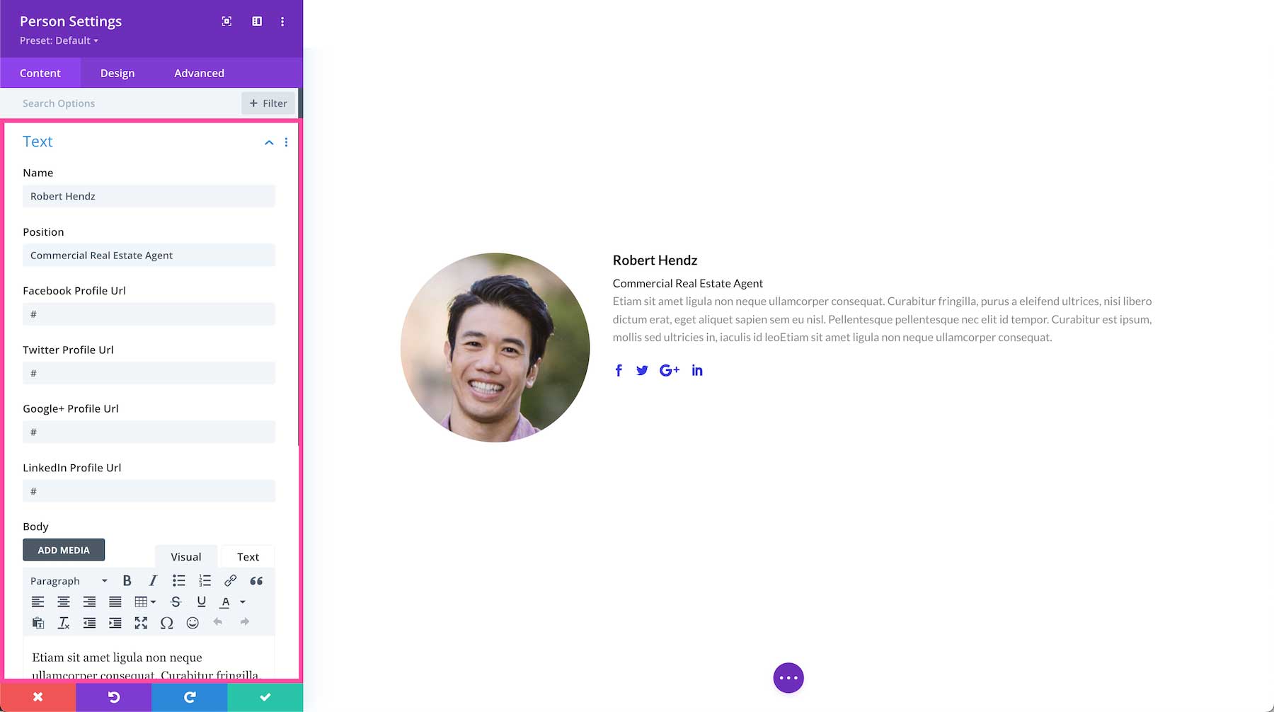 Divi Person Module text settings