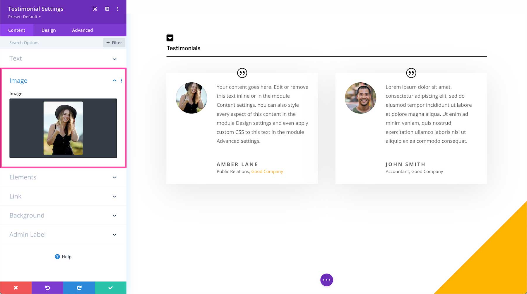 Divi Testimonial Module image settings