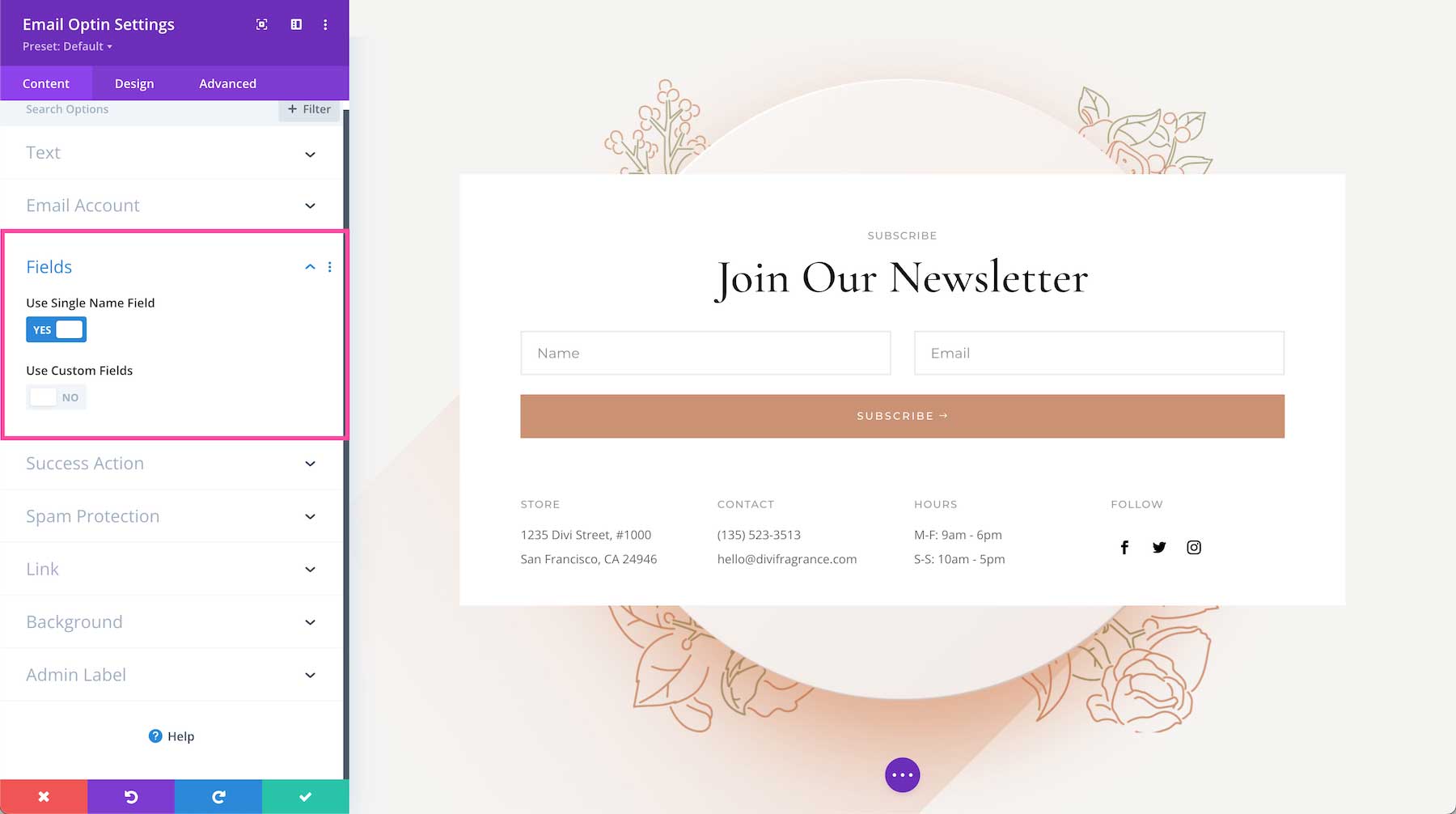 Divi Email Optin Module fields