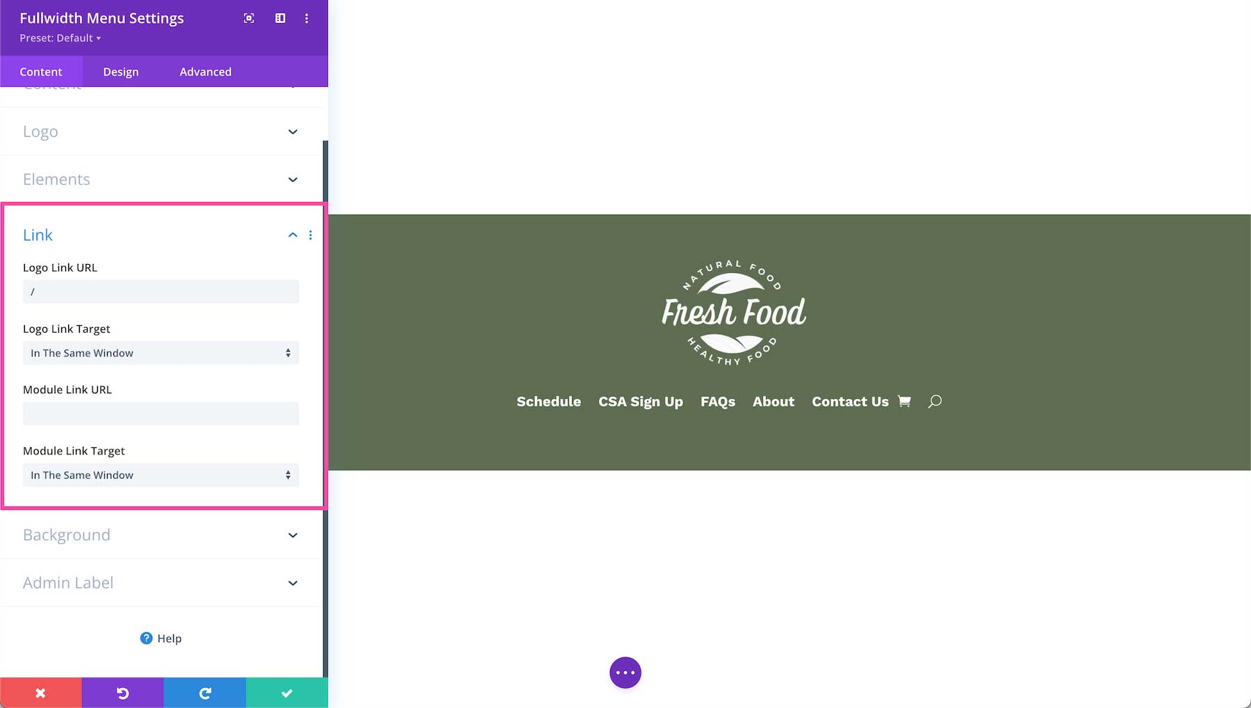 Divi Fullwidth Menu Module link settings